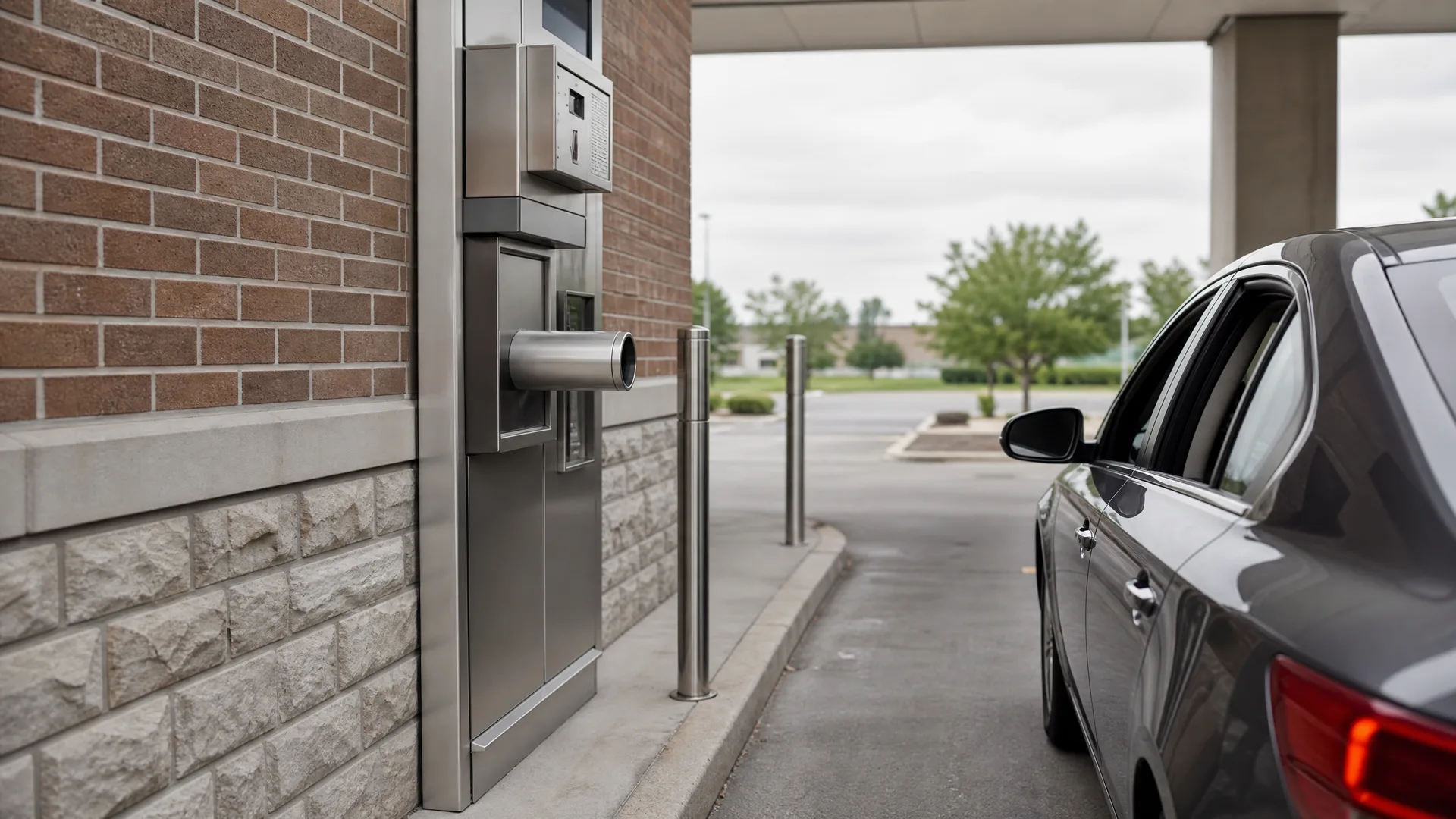 A stainless steel drive-through teller unit with a pneumatic tube on a brick and stone building wall, with a dark gray sedan stopped in the lane beside it under a canopy.