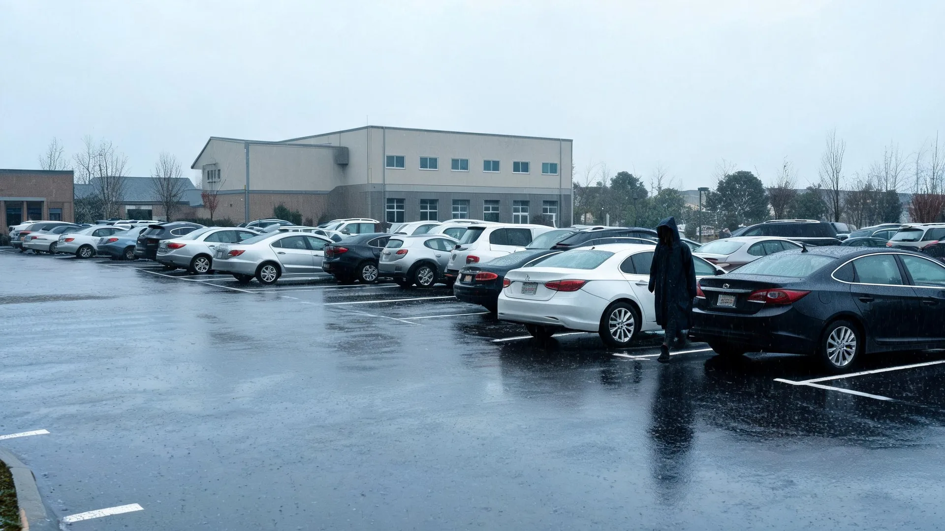 A person in a dark hooded rain poncho walks across a wet parking lot filled with parked cars, in front of a large beige commercial building under an overcast sky.