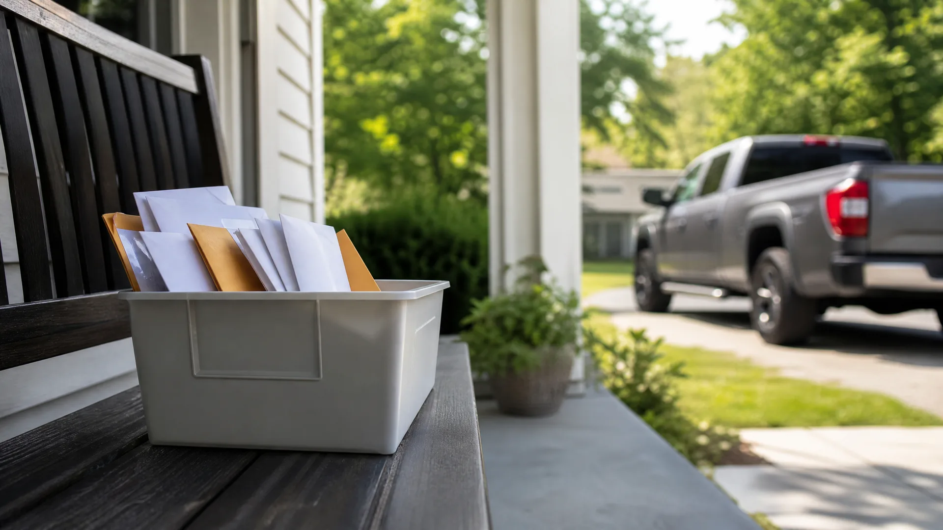 A white plastic bin filled with envelopes and mailers sits on a dark wooden porch bench, with a potted plant, white siding and column, and a gray pickup truck parked in a driveway in the background.