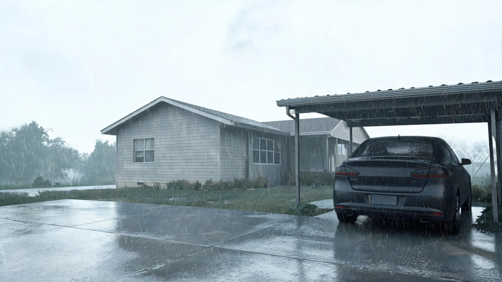 A dark sedan parked under a metal carport attached to a single-story house with light siding, during heavy rain on a wet concrete driveway.