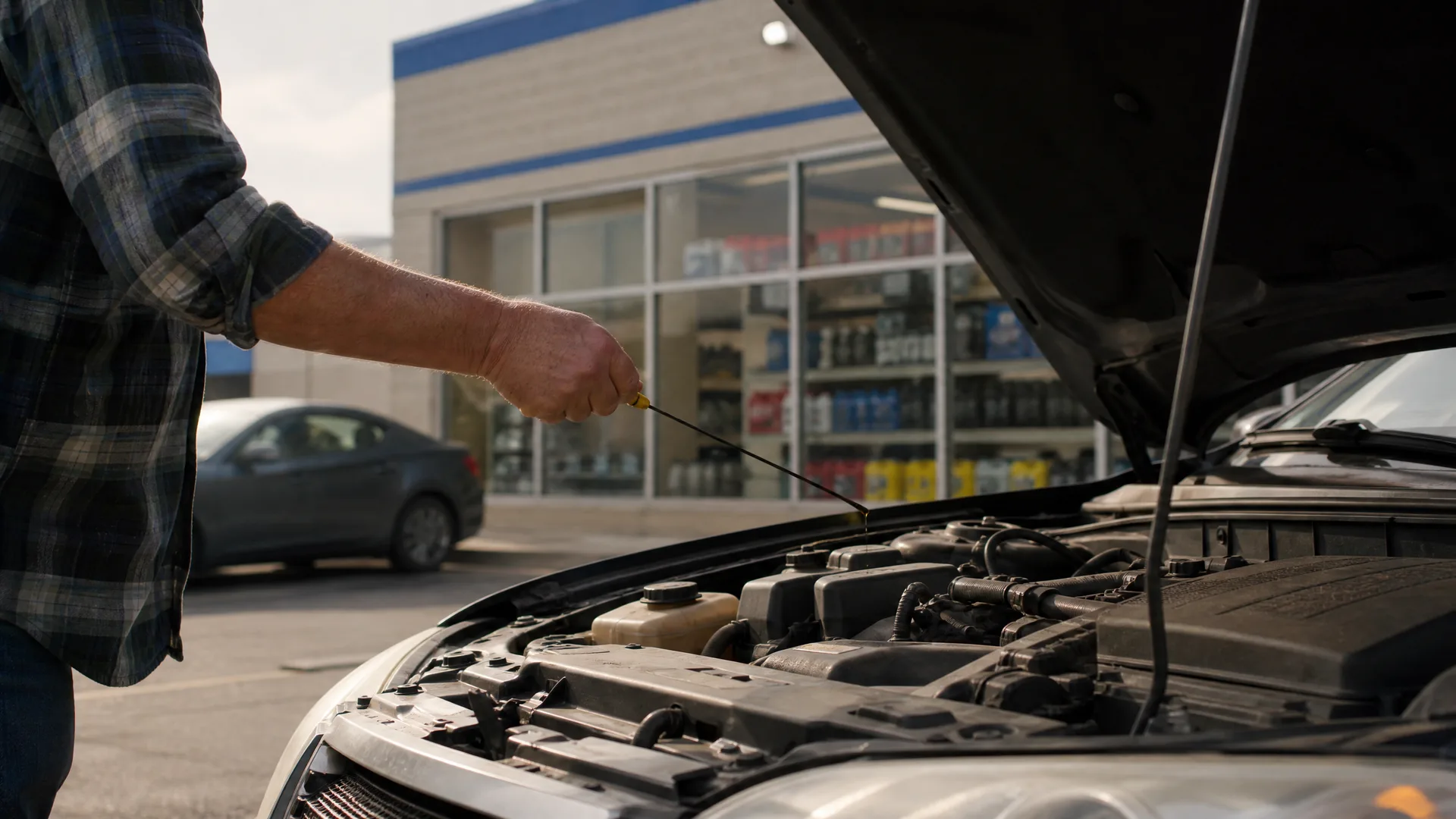 A person in a plaid shirt pulls the dipstick from the engine of a car with its hood raised, in a parking lot outside a storefront with shelved products visible through the windows.