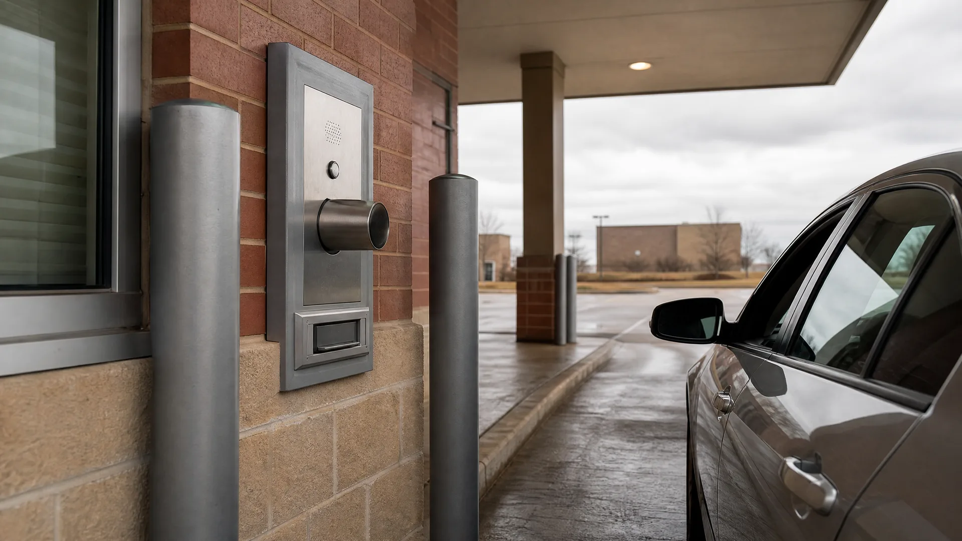 A stainless steel drive-up banking terminal with speaker, camera and deposit drawer mounted on a brick wall beside metal bollards, with a dark car parked under a canopy on wet pavement.