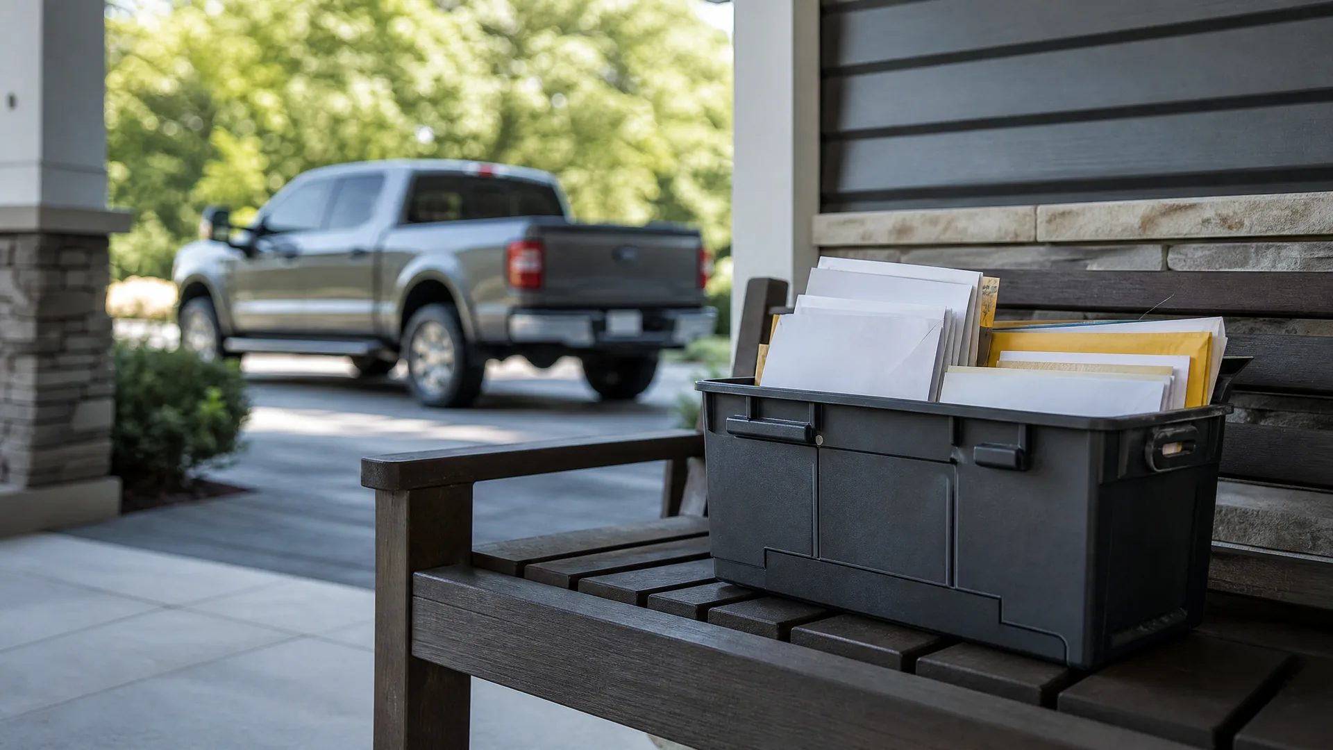 A dark plastic lockable delivery box filled with envelopes sits on a wooden bench on a covered porch, with a silver pickup truck parked in the blurred background.