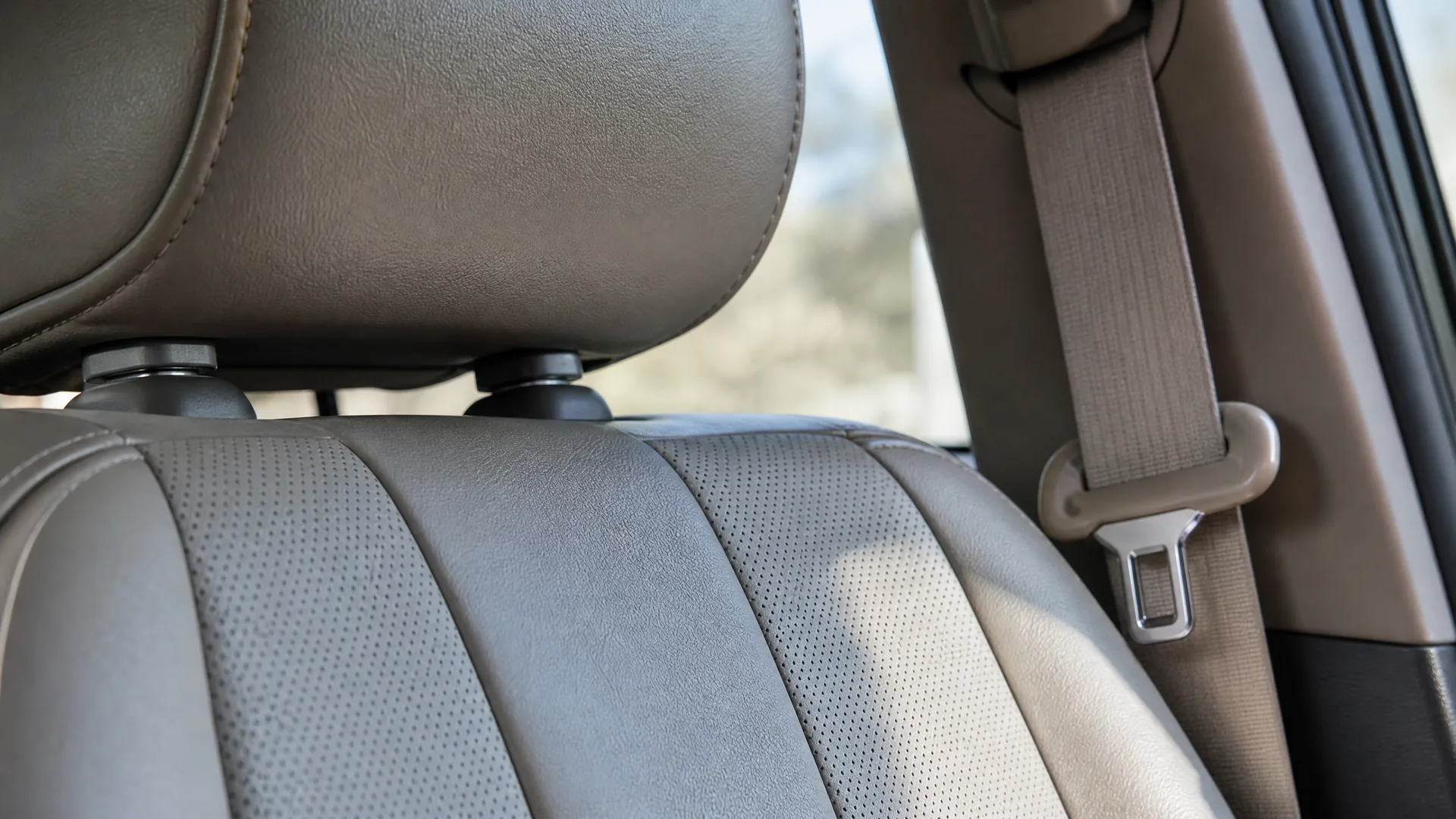 Close-up of a beige leather car seat with perforated panels and headrest posts, with a tan seat belt and window pillar at right and blurred greenery outside.