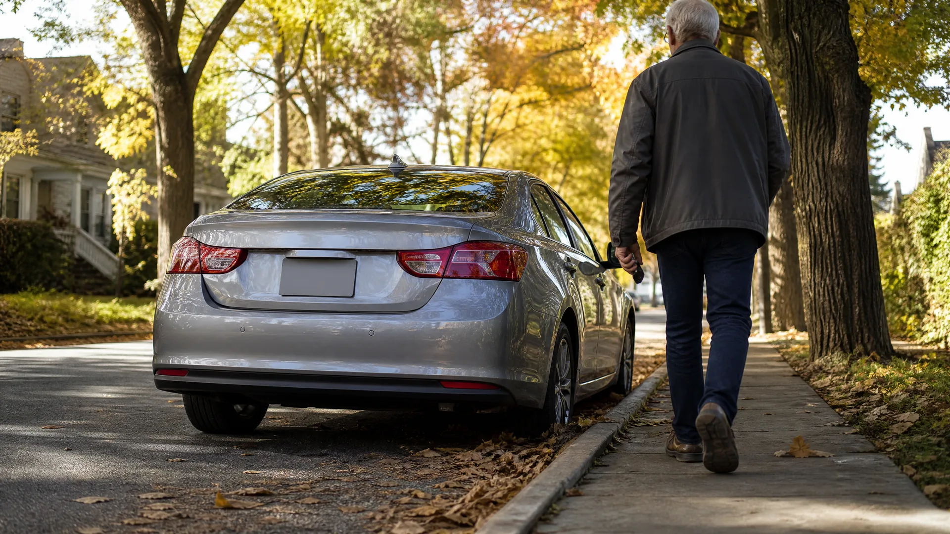A silver sedan parked along a leaf-strewn curb on a tree-lined residential street, with a gray-haired man in a dark jacket walking away along the sidewalk.