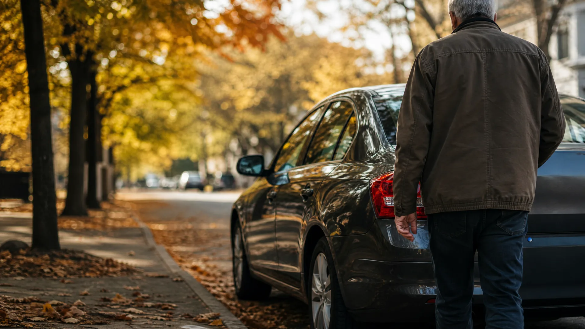 A man in a brown jacket and jeans walks past the rear of a dark parked sedan on a tree-lined street with autumn foliage and fallen leaves on the sidewalk.