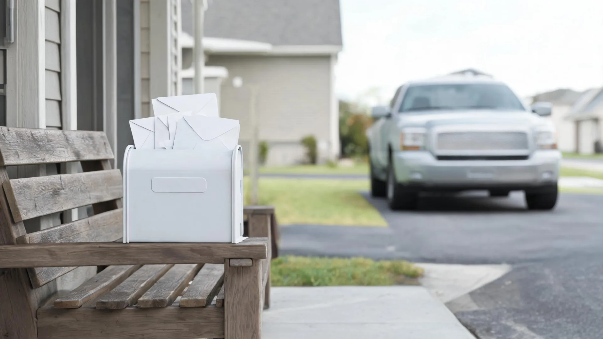 A white mailbox filled with envelopes sits on a weathered wooden bench beside a house, with a blurred silver pickup truck parked on the street behind.