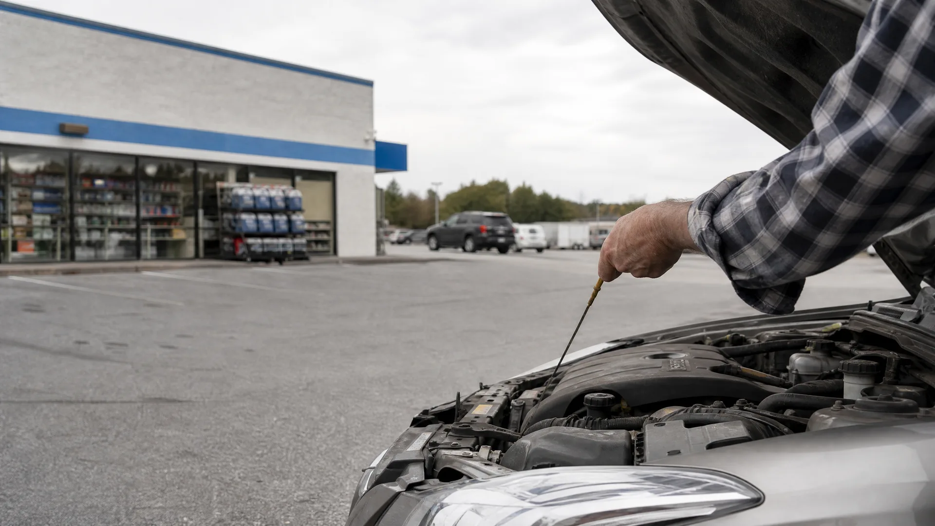 A person in a plaid shirt pulls the dipstick from the engine of a silver car with the hood raised, in a parking lot in front of a store.