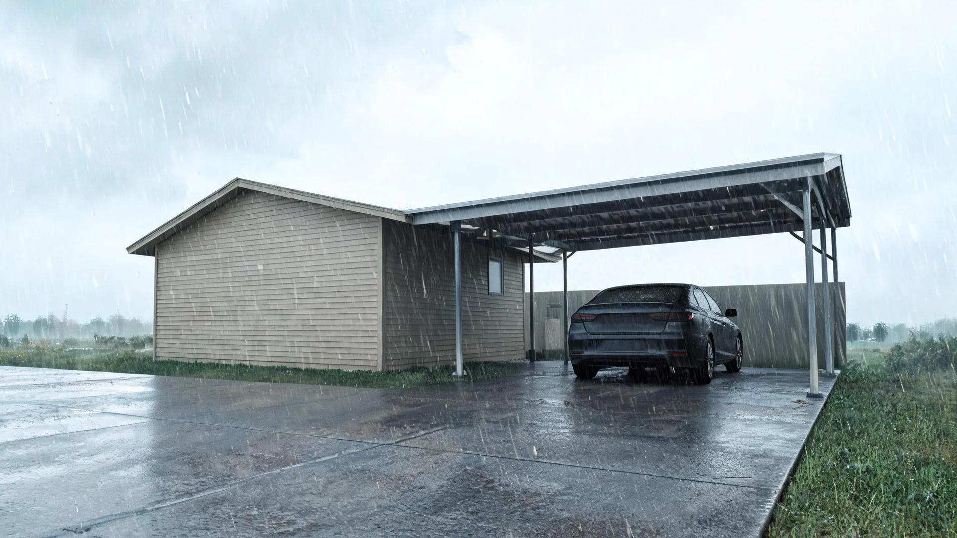 A single-story building with horizontal wood lap siding and an attached open carport sheltering a dark sedan, on a wet concrete driveway during rain.