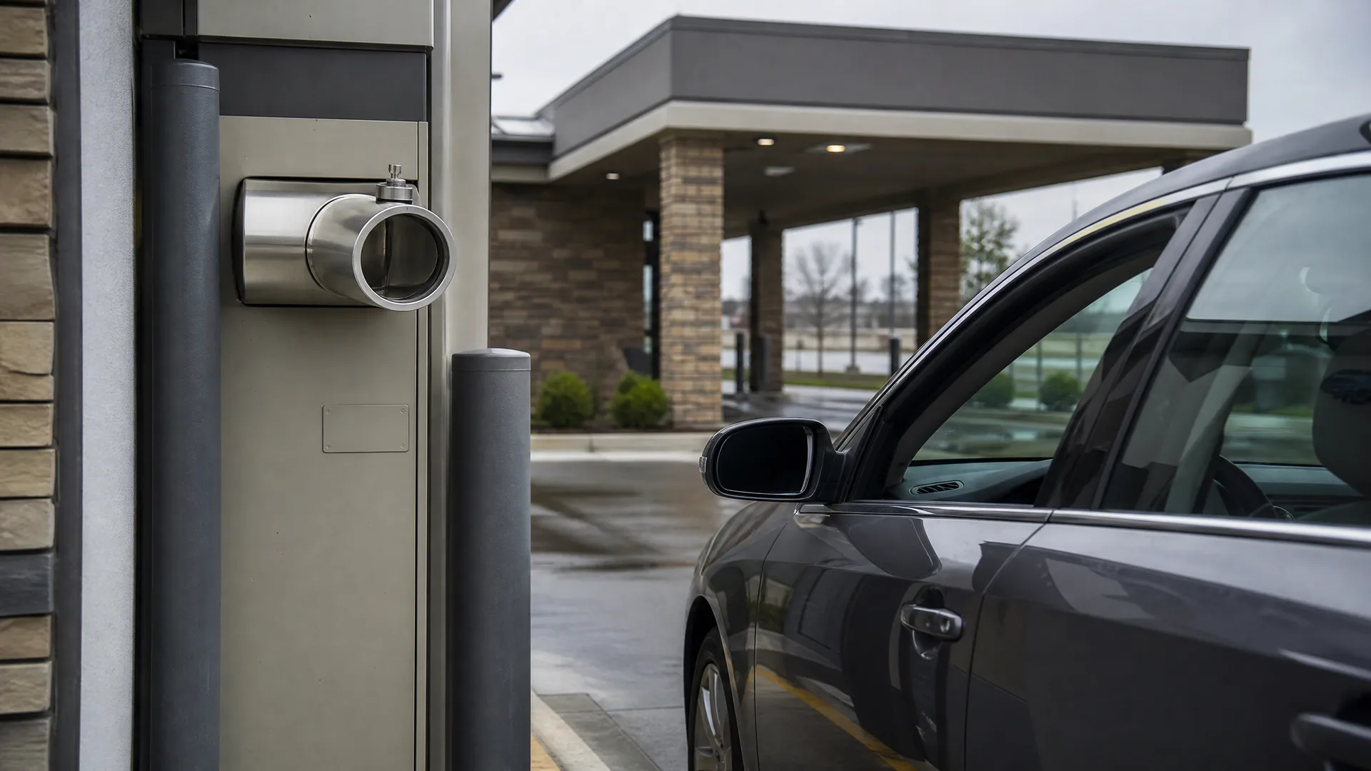 A dark sedan pulled up beside a drive-through pneumatic tube canister station with a bollard, in front of a brick building with a covered drive-through canopy on a wet, overcast day.
