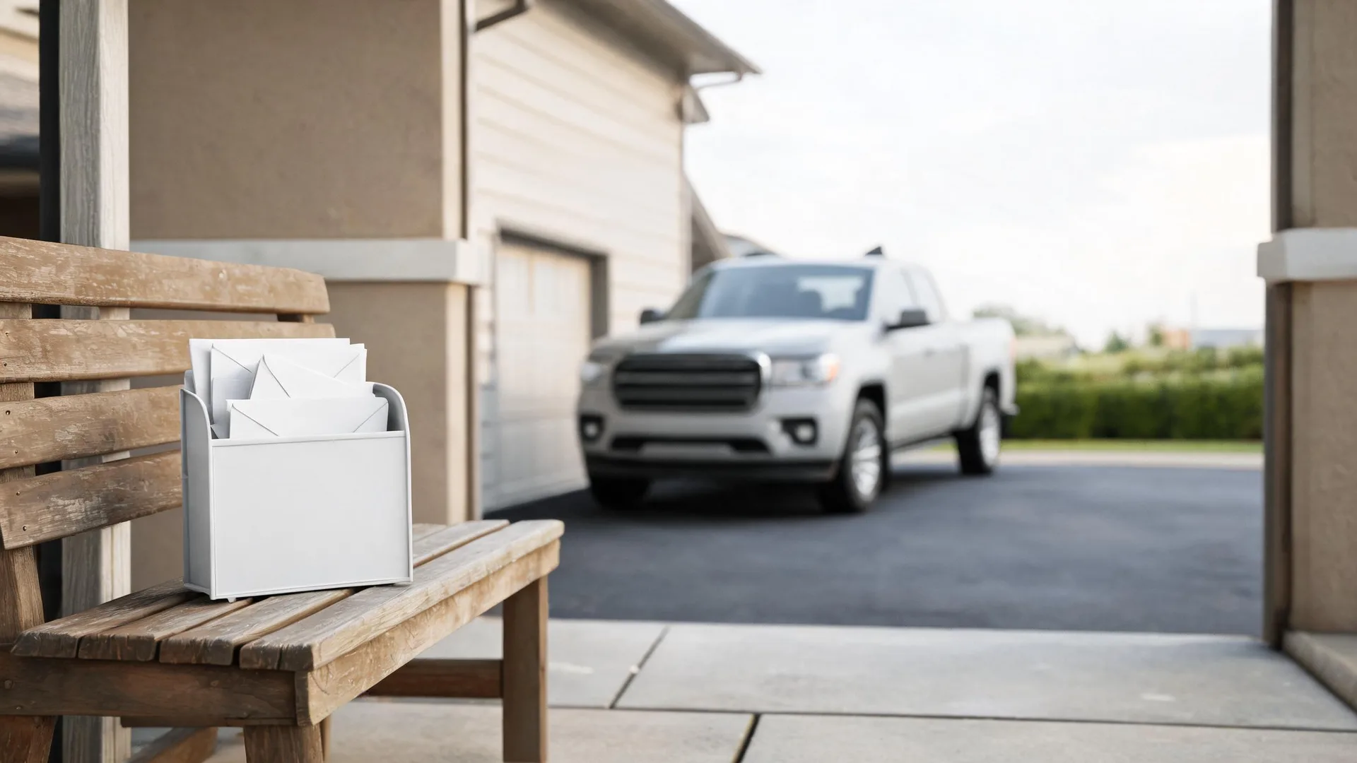 A white mail holder filled with envelopes sits on a weathered wooden bench on a porch, with a blurred silver pickup truck parked in a driveway beside a garage in the background.