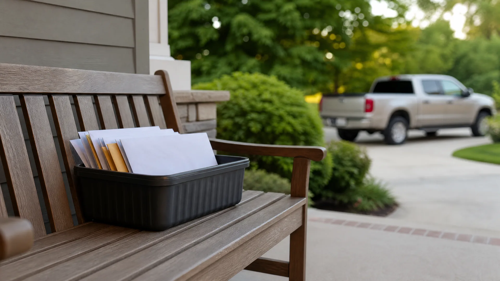 A black plastic bin holding upright white and manila envelopes sits on a wooden porch bench, with a blurred silver pickup truck parked on a driveway and green shrubs and trees in the background.