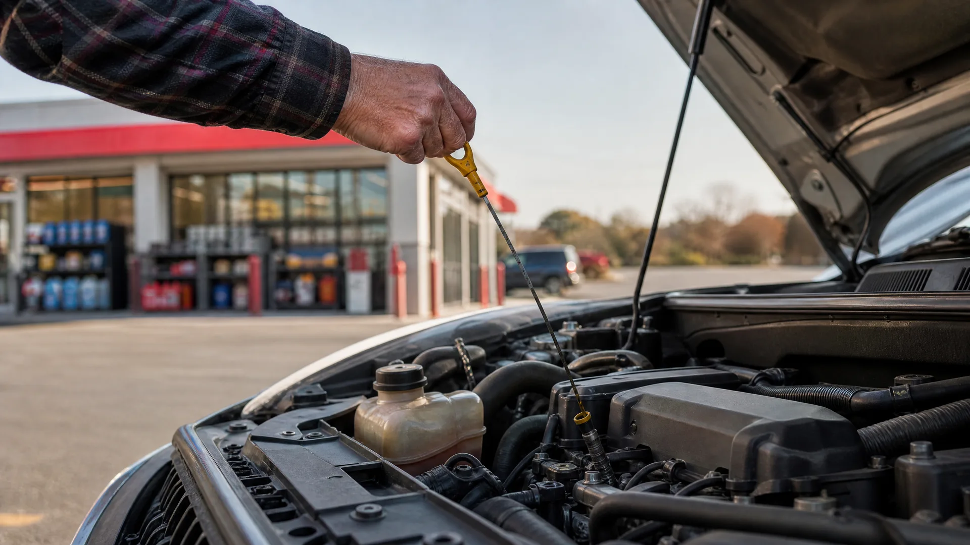 A person's arm reaches over an open car hood to pull the engine oil dipstick, with a blurred fuel station building in the background.