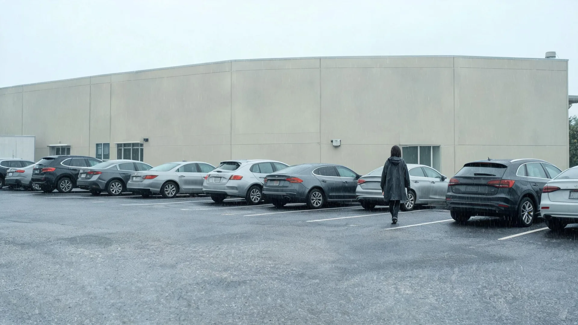 A person in a dark coat walks away through a parking lot of parked cars in the rain beside a long beige windowless building under an overcast sky.