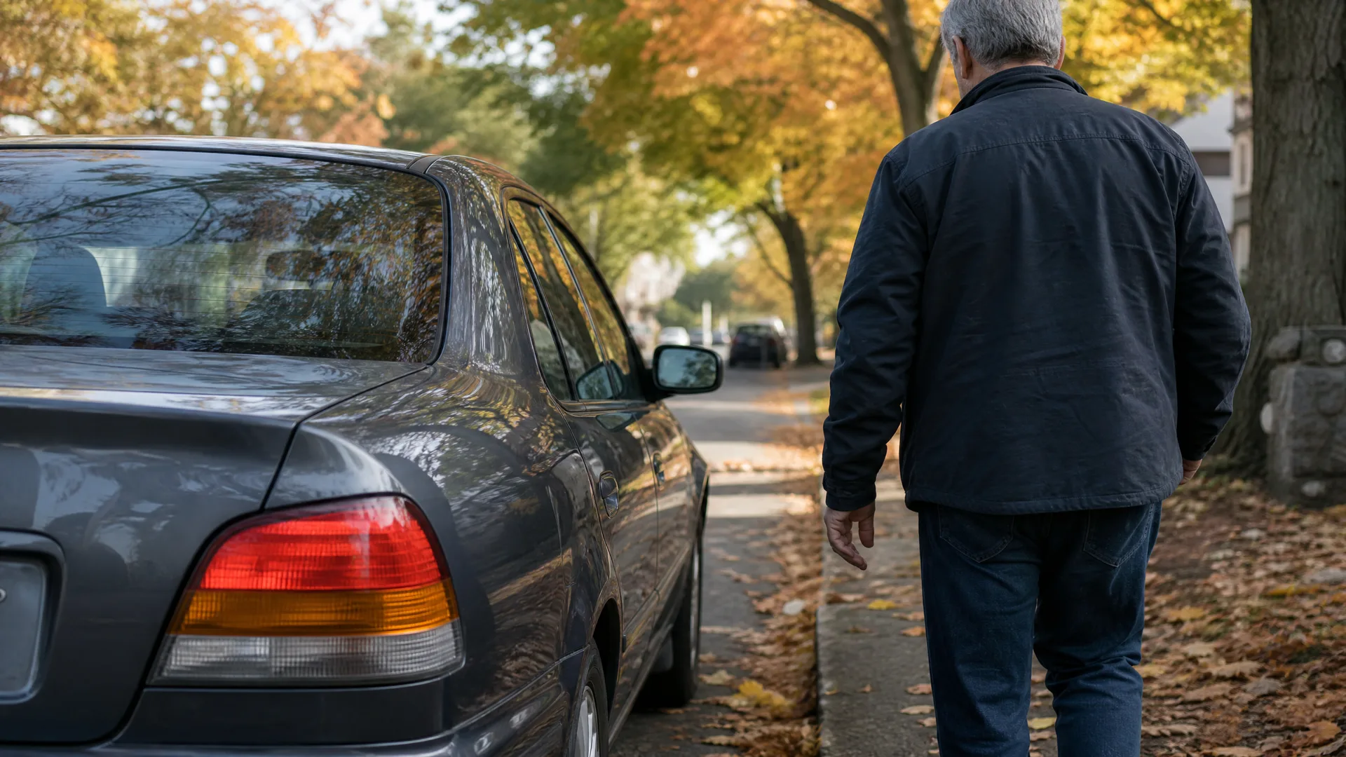 A man in a dark jacket walks away along a leaf-strewn sidewalk beside a dark gray parked sedan, with autumn-colored trees lining the street.