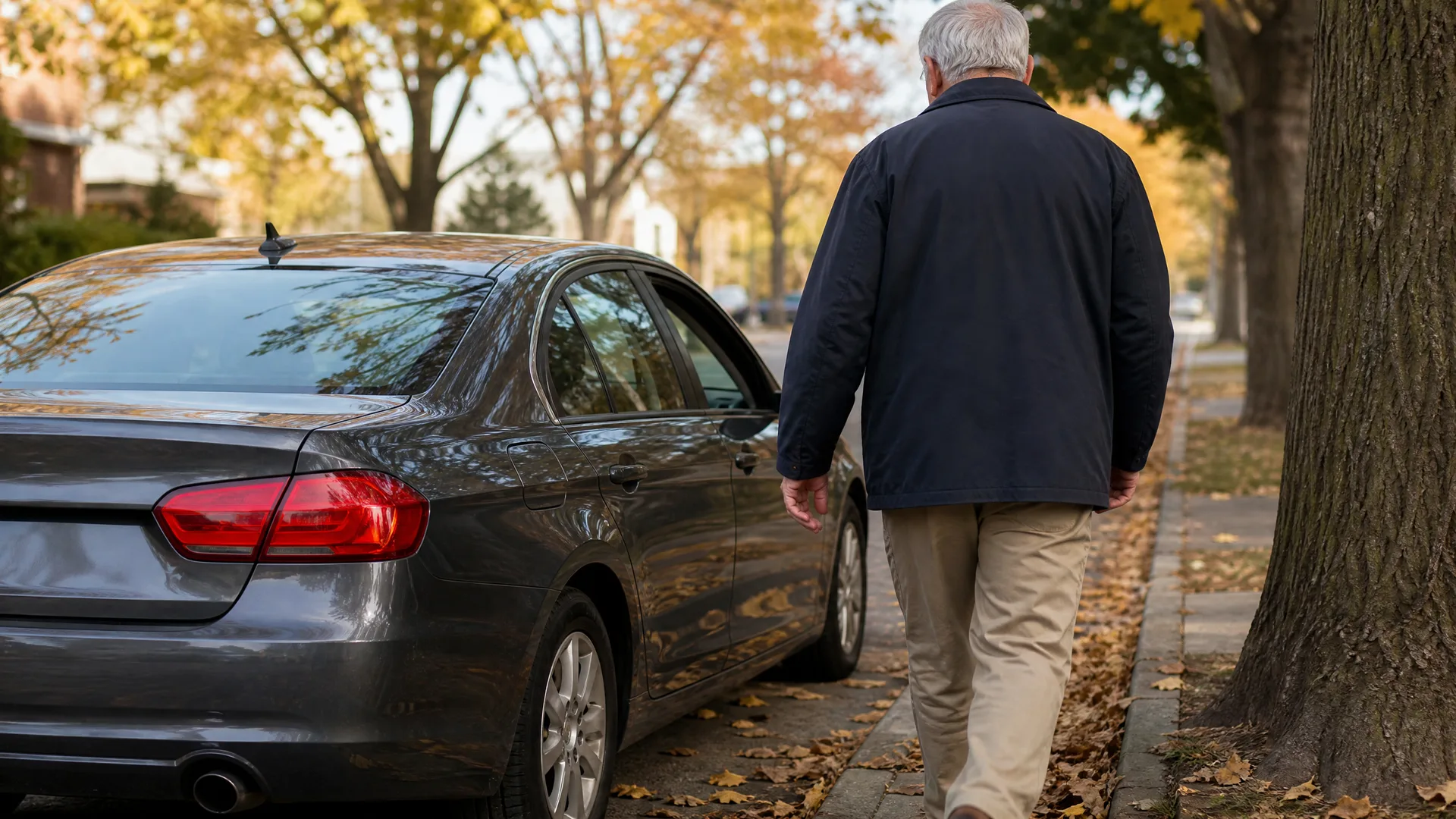 An older man with gray hair, wearing a dark jacket and khaki pants, walks away along a leaf-covered sidewalk past a parked dark gray sedan, with large trees in autumn foliage behind.