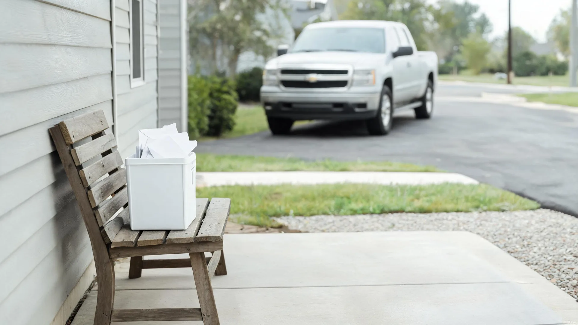 A white cooler holding papers sits on a weathered wooden bench beside a light-colored sided house, with a blurred silver pickup truck parked in a driveway in the background.