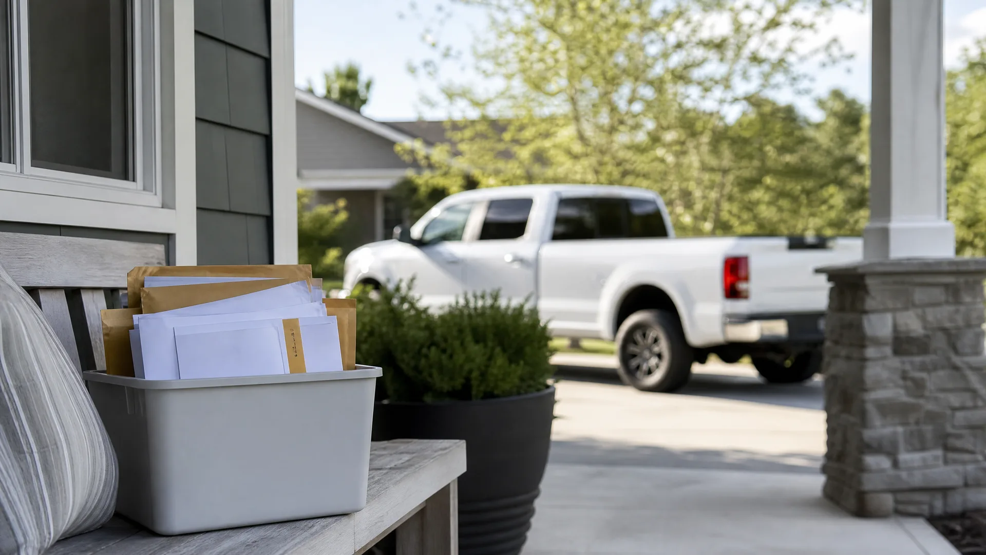A gray plastic bin filled with envelopes and padded mailers sits on a wooden bench on a covered porch, with a white pickup truck parked in a driveway blurred in the background.