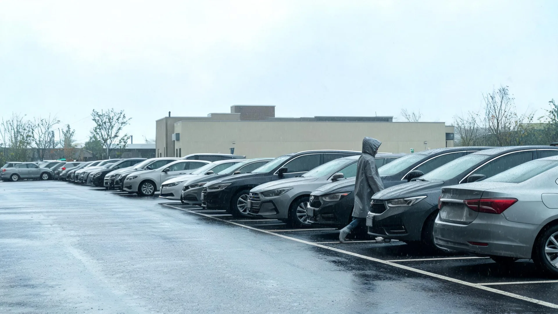 A person in a hooded rain poncho walks between parked cars in a wet parking lot during rain, with a low beige building and bare trees in the background under an overcast sky.