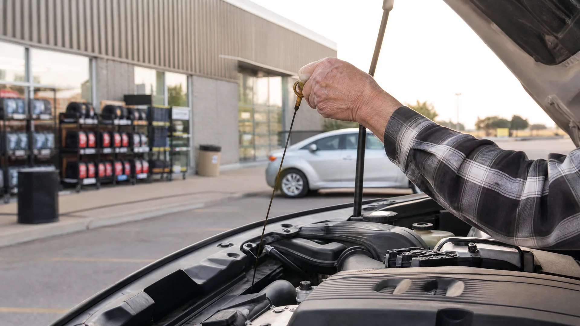 A person's arm in a plaid shirt pulls the dipstick from a car engine under an open hood, with a parking lot, parked silver car and a store displaying stacked products in the background.