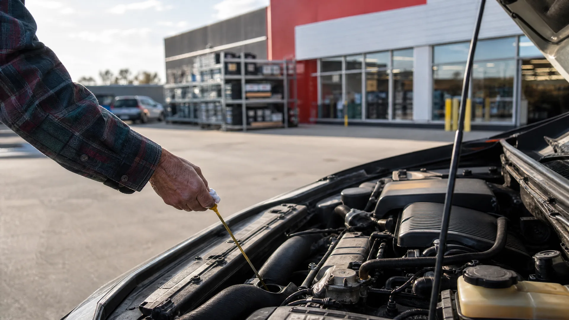 A person in a plaid shirt pulls the dipstick from the engine of a car with its hood raised in a parking lot outside a storefront.