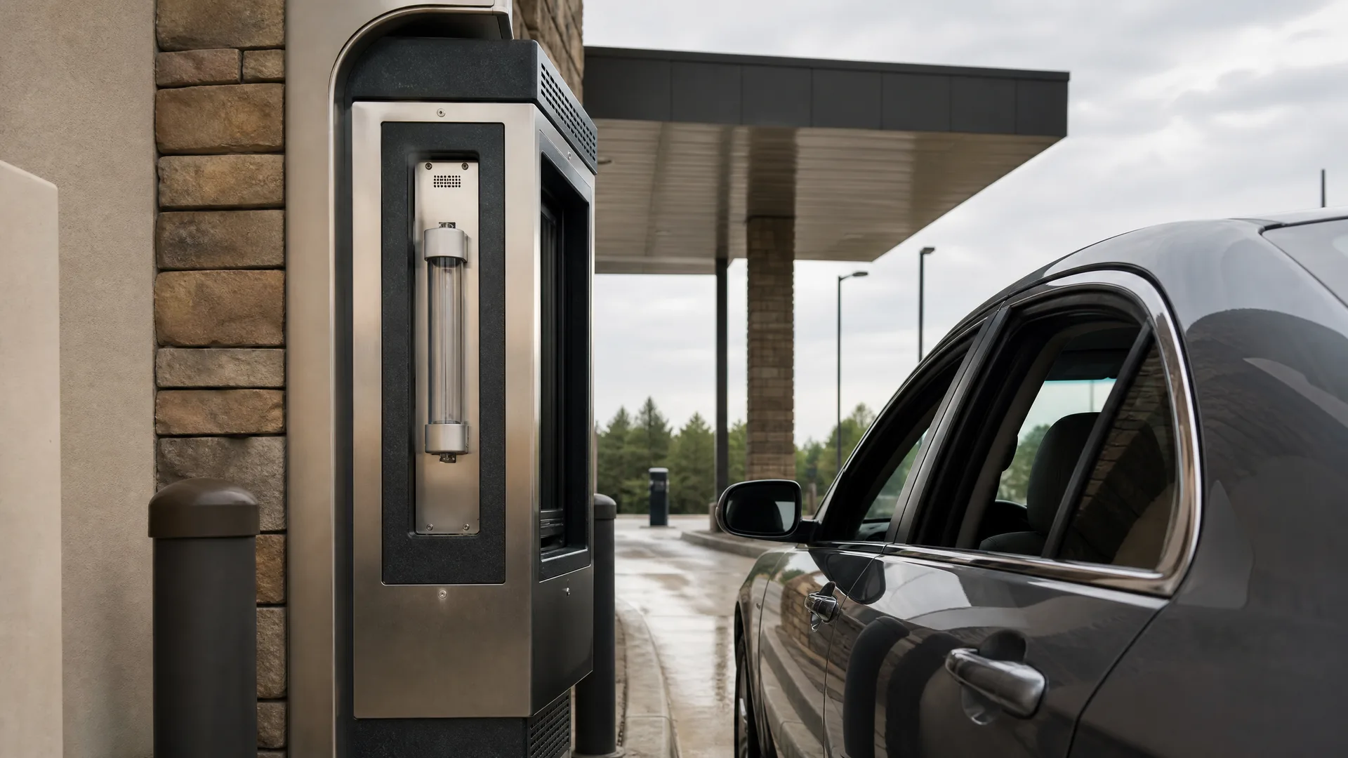 A dark sedan parked beside a stainless steel drive-up bank terminal with a pneumatic tube, with a canopy over a lane and evergreen trees in the background.