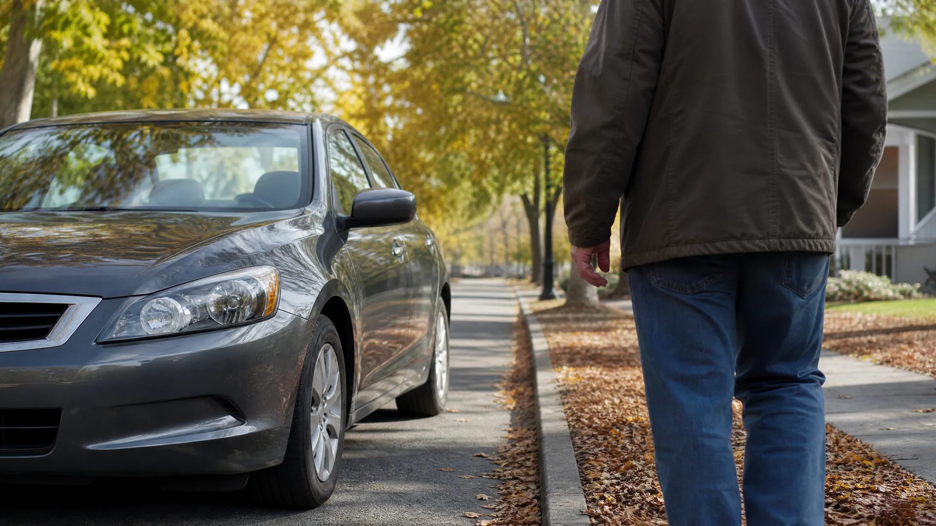 A person seen from behind in a dark jacket and jeans walks along a sidewalk strewn with fallen leaves, past a gray sedan parked at the curb on a tree-lined residential street.
