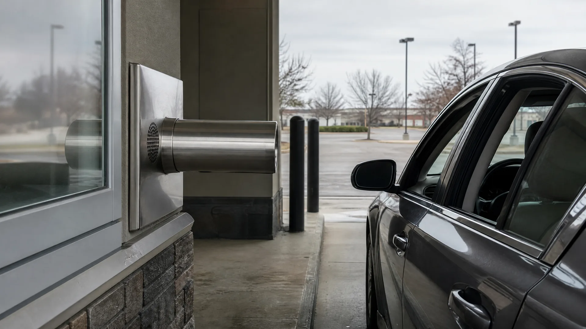 A stainless steel drive-through pneumatic tube unit with a speaker grille projects from a building wall beside a dark sedan parked at the lane on an overcast day.