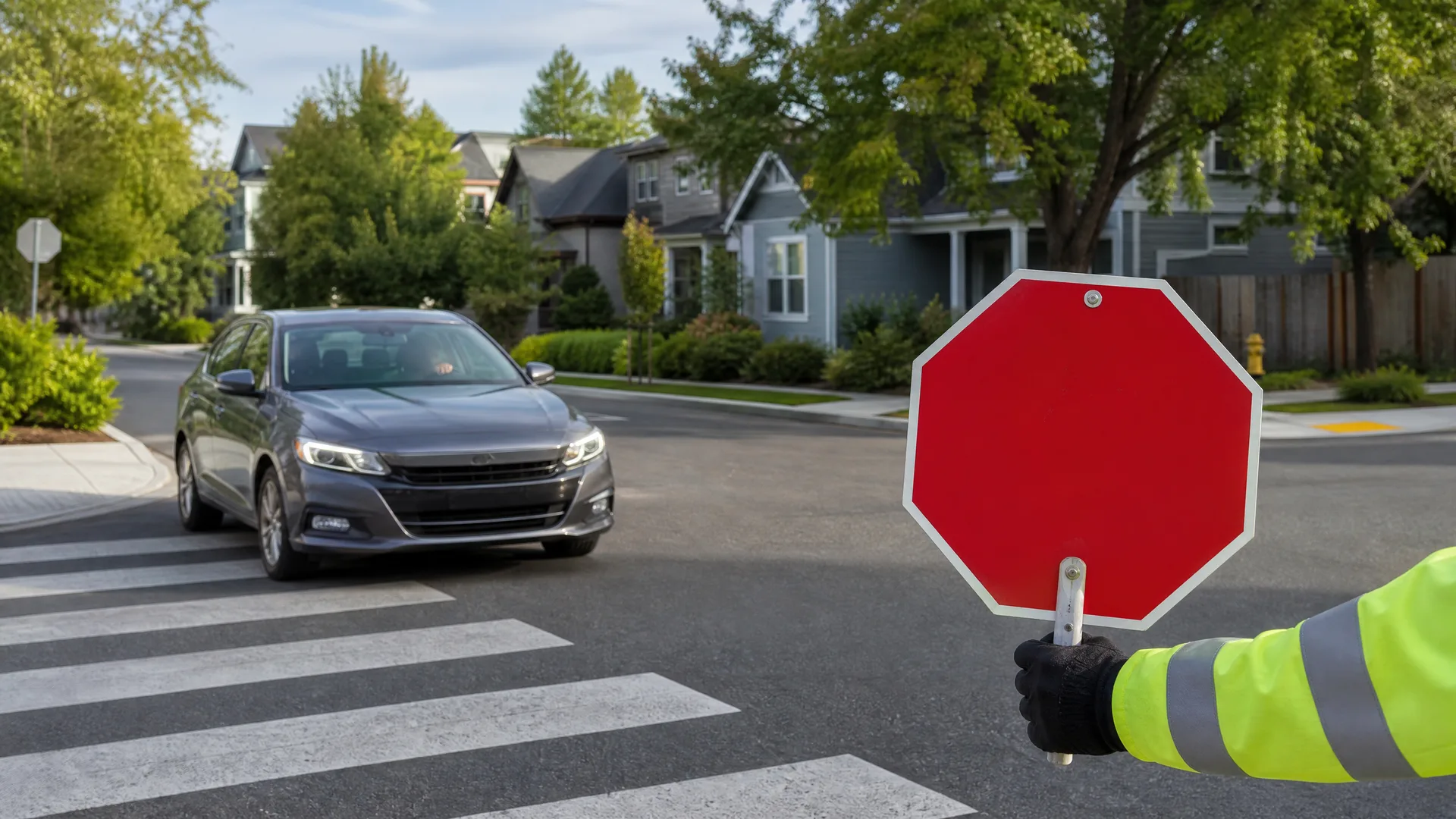 A gloved hand in a yellow high-visibility sleeve holds a red octagonal handheld stop paddle while a gray sedan approaches a crosswalk on a tree-lined residential street.