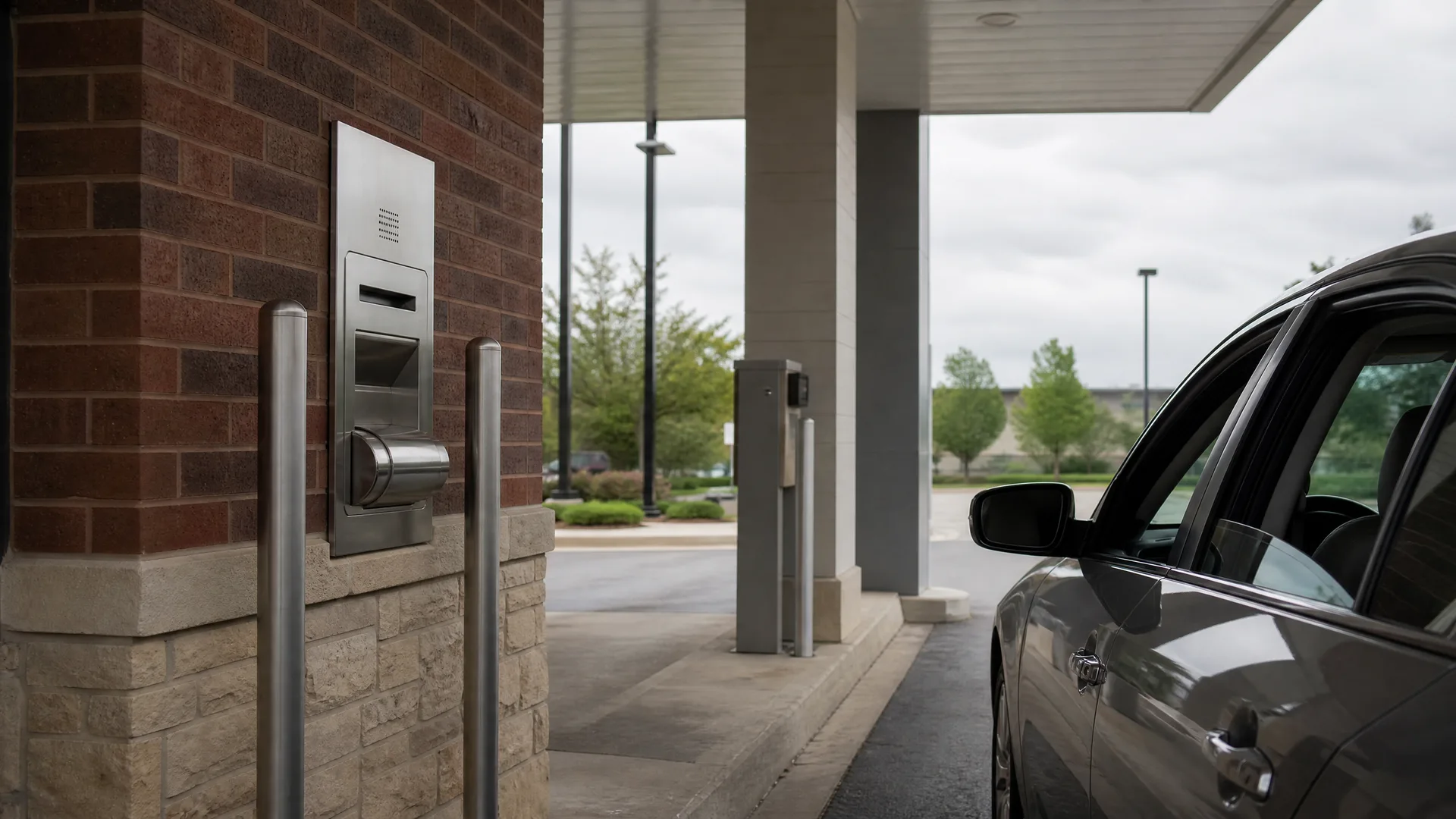 A dark car waits under a covered drive-through lane beside a brick wall with a stainless steel drawer and transaction unit, with metal bollards and a freestanding terminal nearby.