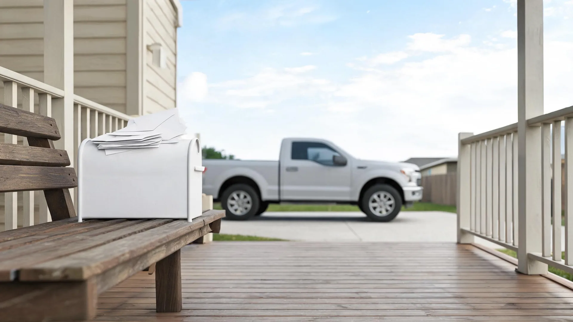 A white mailbox overflowing with envelopes sits on a weathered wooden porch bench, with a blurred silver pickup truck parked on a driveway beyond the railing.