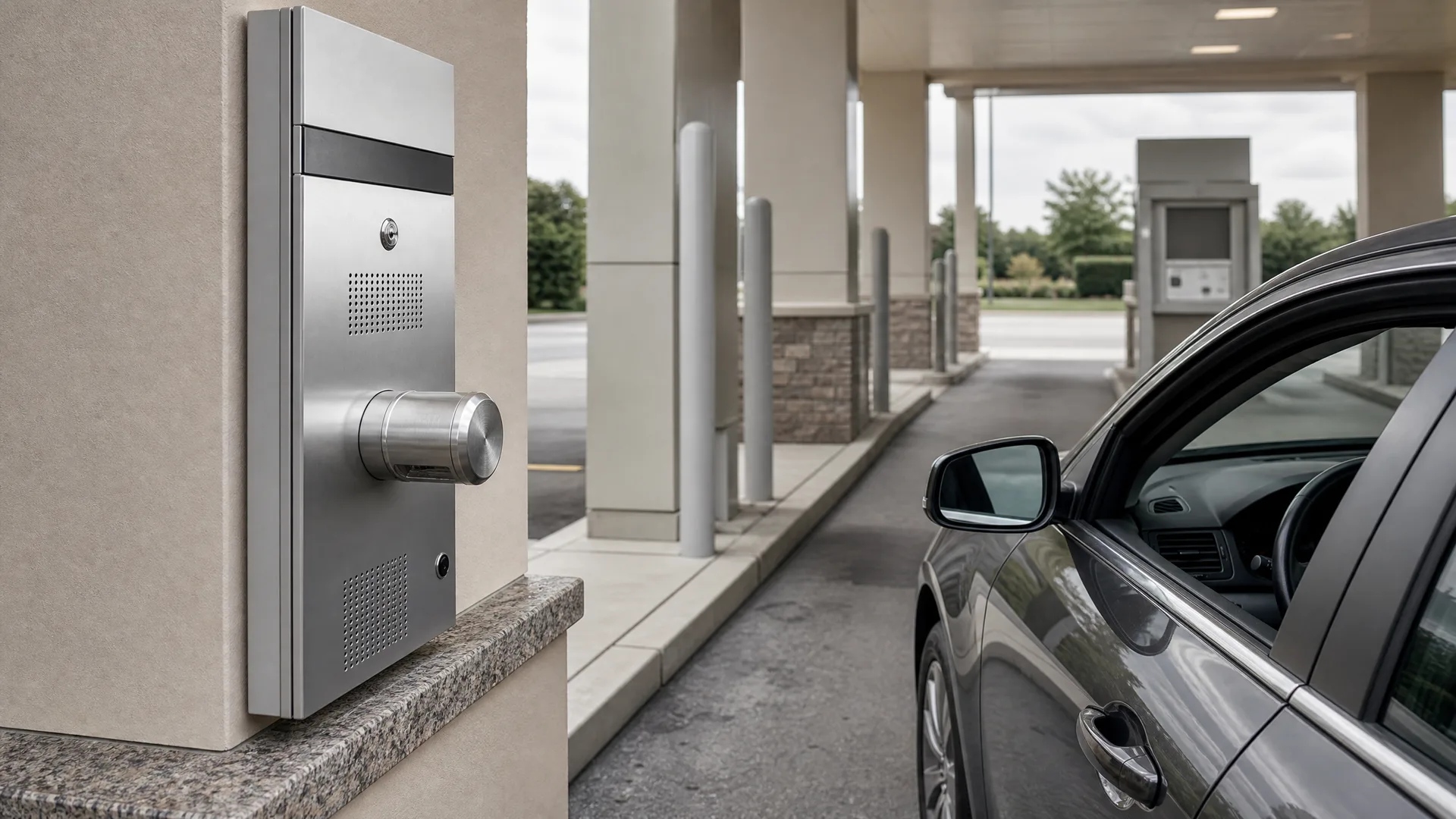 A stainless steel drive-up terminal with speaker grilles and a cylindrical transaction drawer mounted on a stucco column beside a canopied drive-through lane, with a dark car stopped at the far lane.