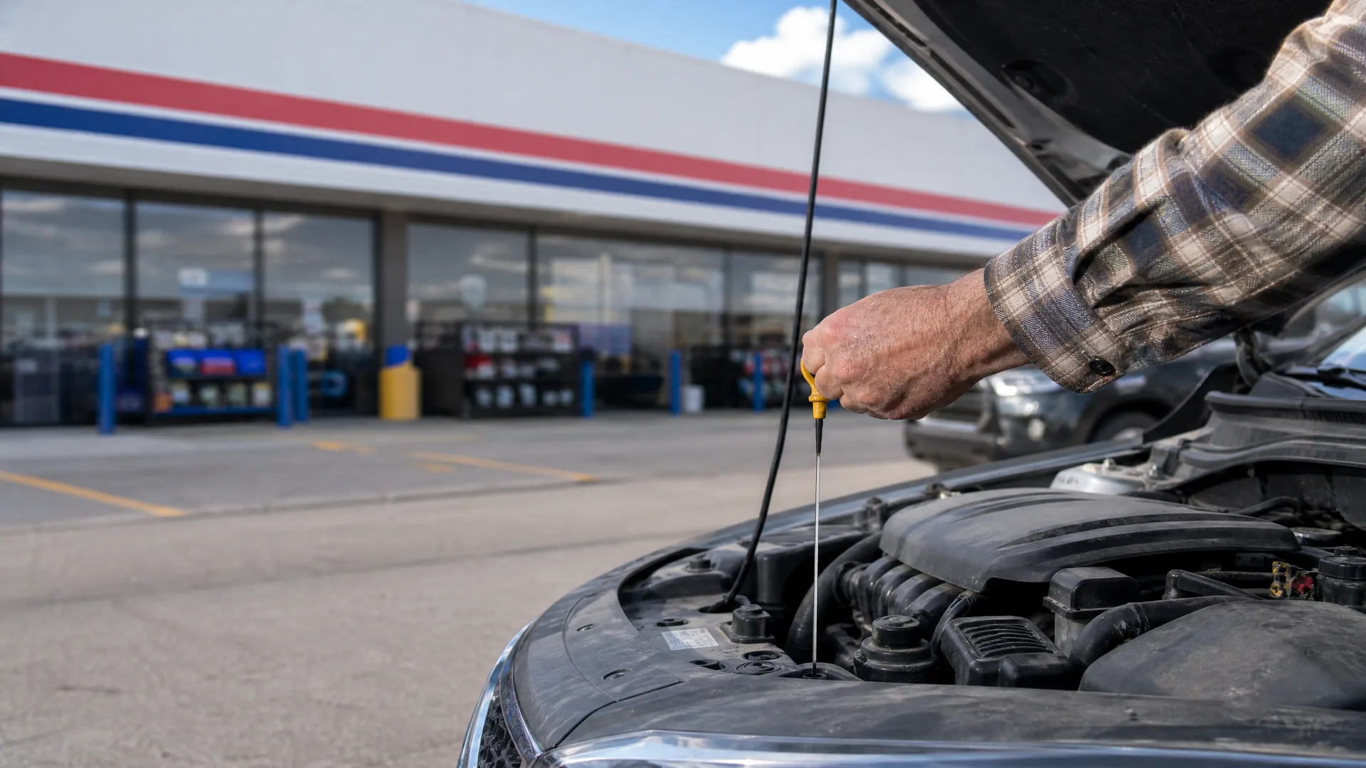 A person in a plaid shirt pulls an oil dipstick from a car engine under a raised hood, with a storefront and parking lot blurred in the background.