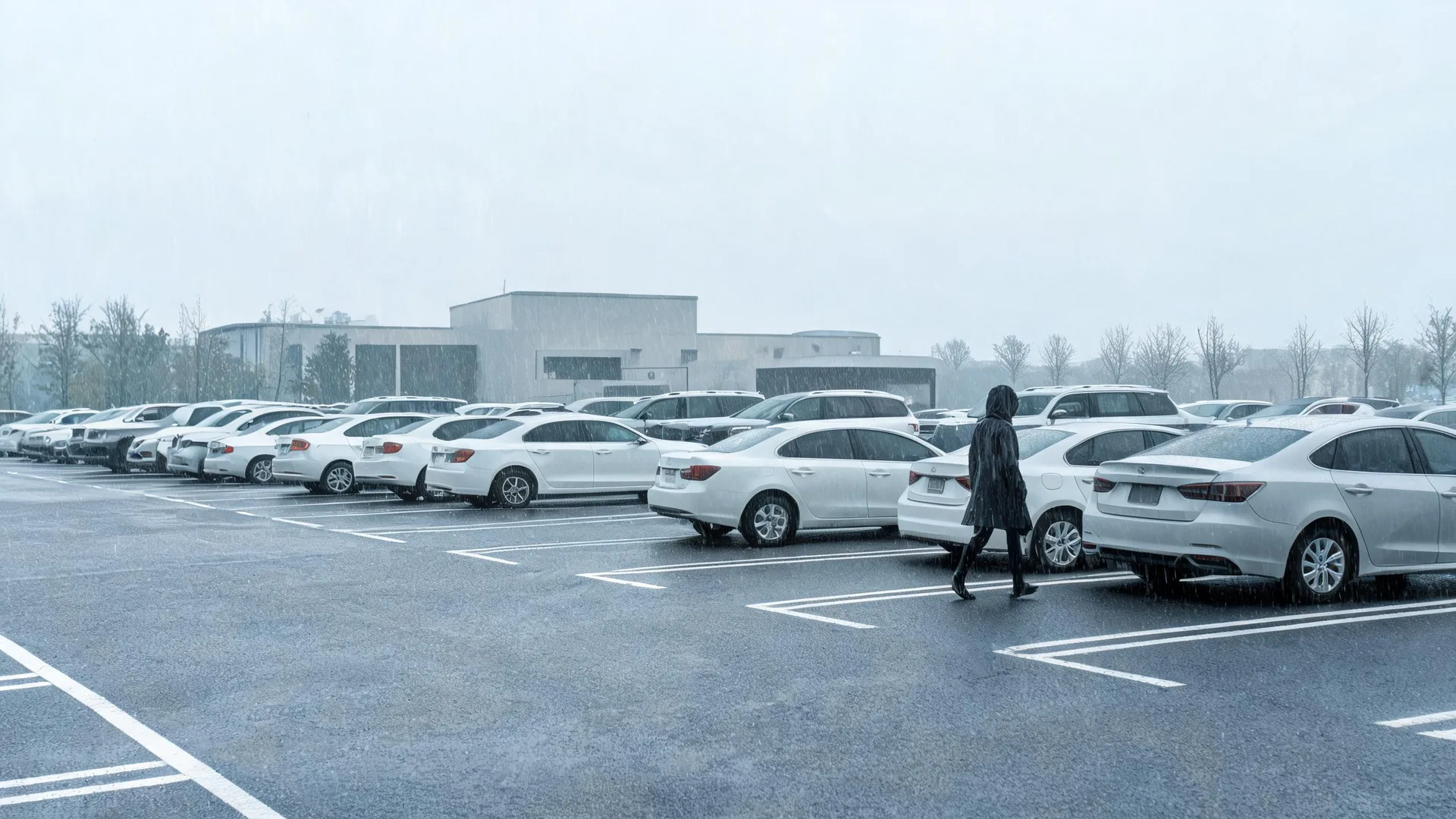 A person in a dark hooded coat walks across a wet parking lot lined with rows of white cars during heavy rain, with a low flat building and bare trees in the hazy background.