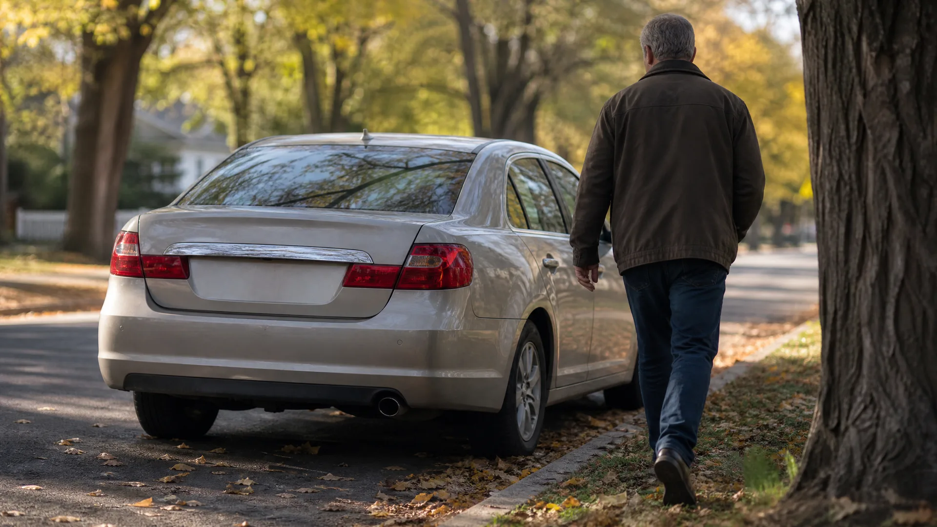 A man in a dark jacket and jeans walks away along a leaf-covered curb beside a silver sedan parked on a tree-lined residential street.