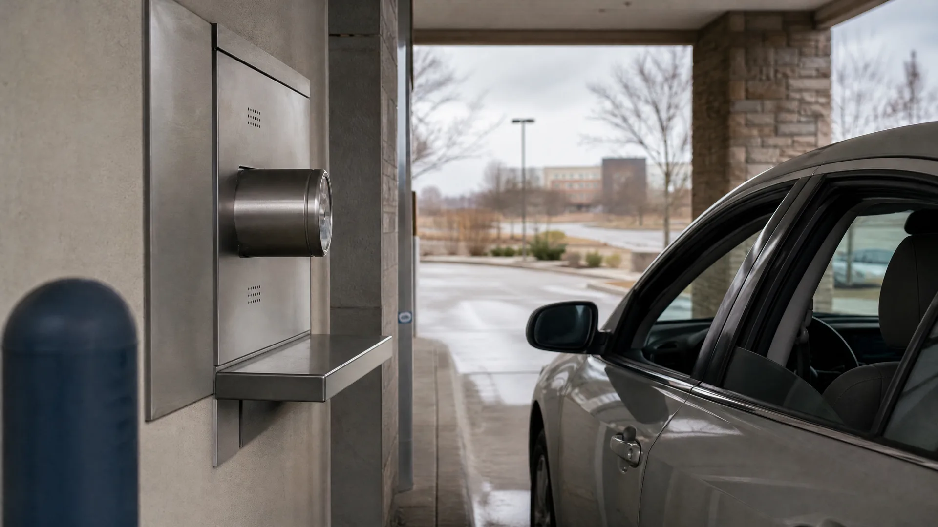A silver sedan stopped at a drive-through lane beside a stainless steel teller window with a pneumatic tube canister and shelf, under a canopy with stone-clad columns and bare trees outside.