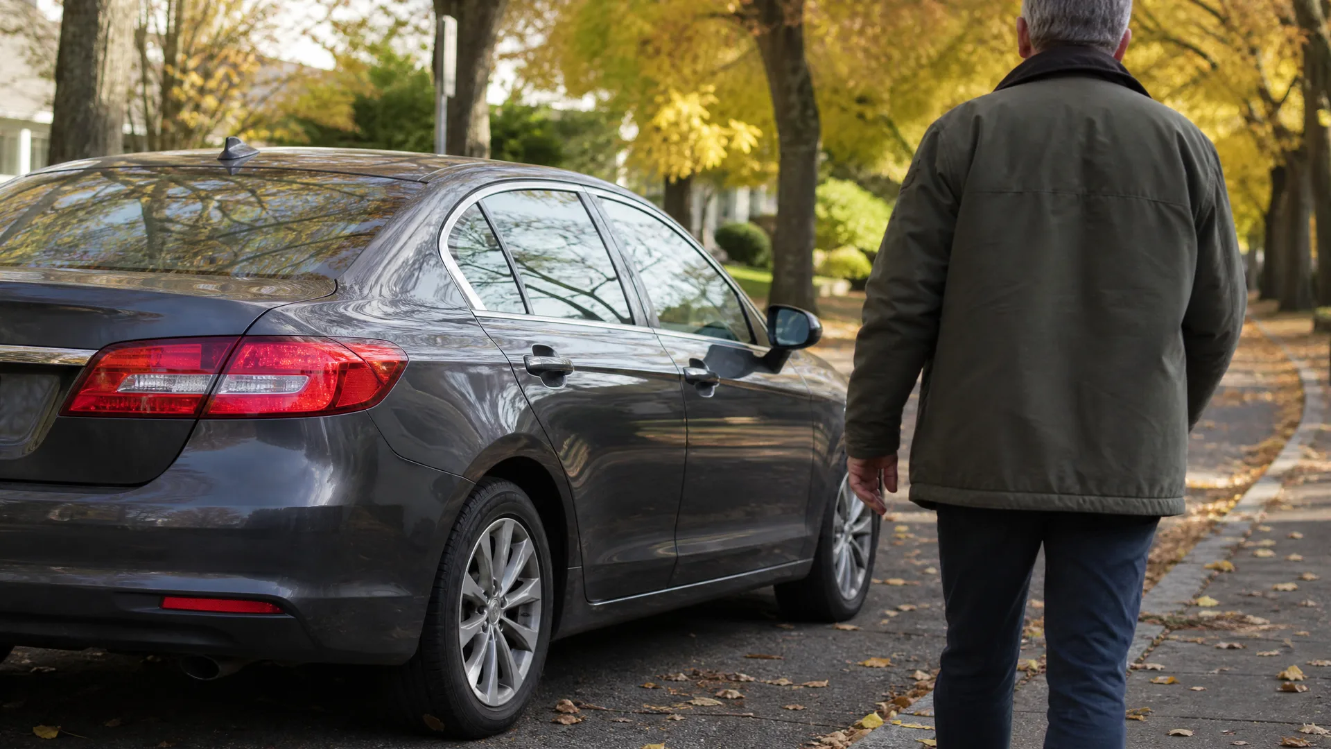 A gray-haired man in a dark green jacket and jeans walks along a sidewalk past a dark gray sedan parked on a tree-lined street with fallen autumn leaves.