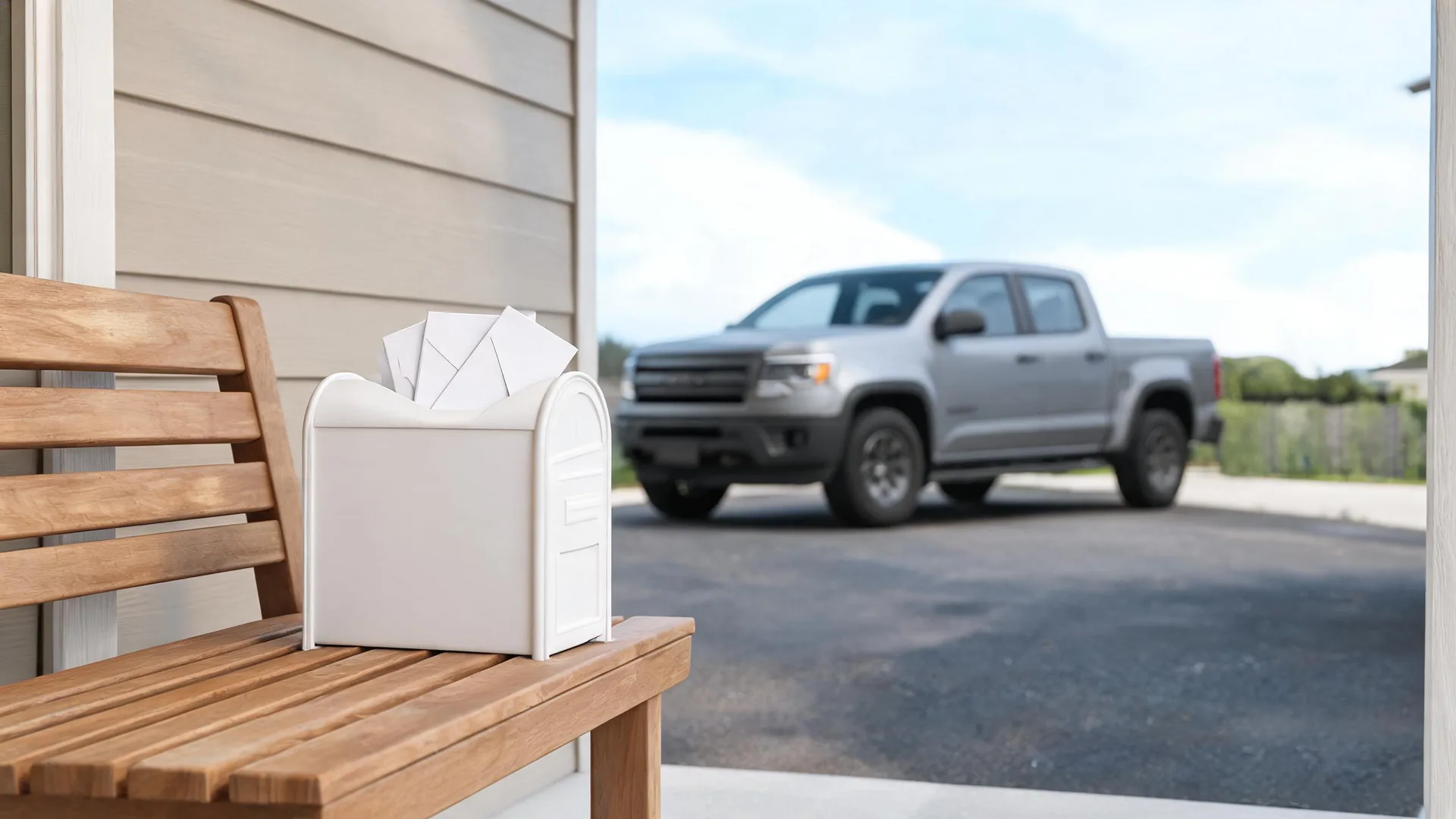 A small white mailbox holding envelopes sits on a wooden slat bench beside a beige lap-sided house wall, with a blurred silver pickup truck parked on a driveway in the background.