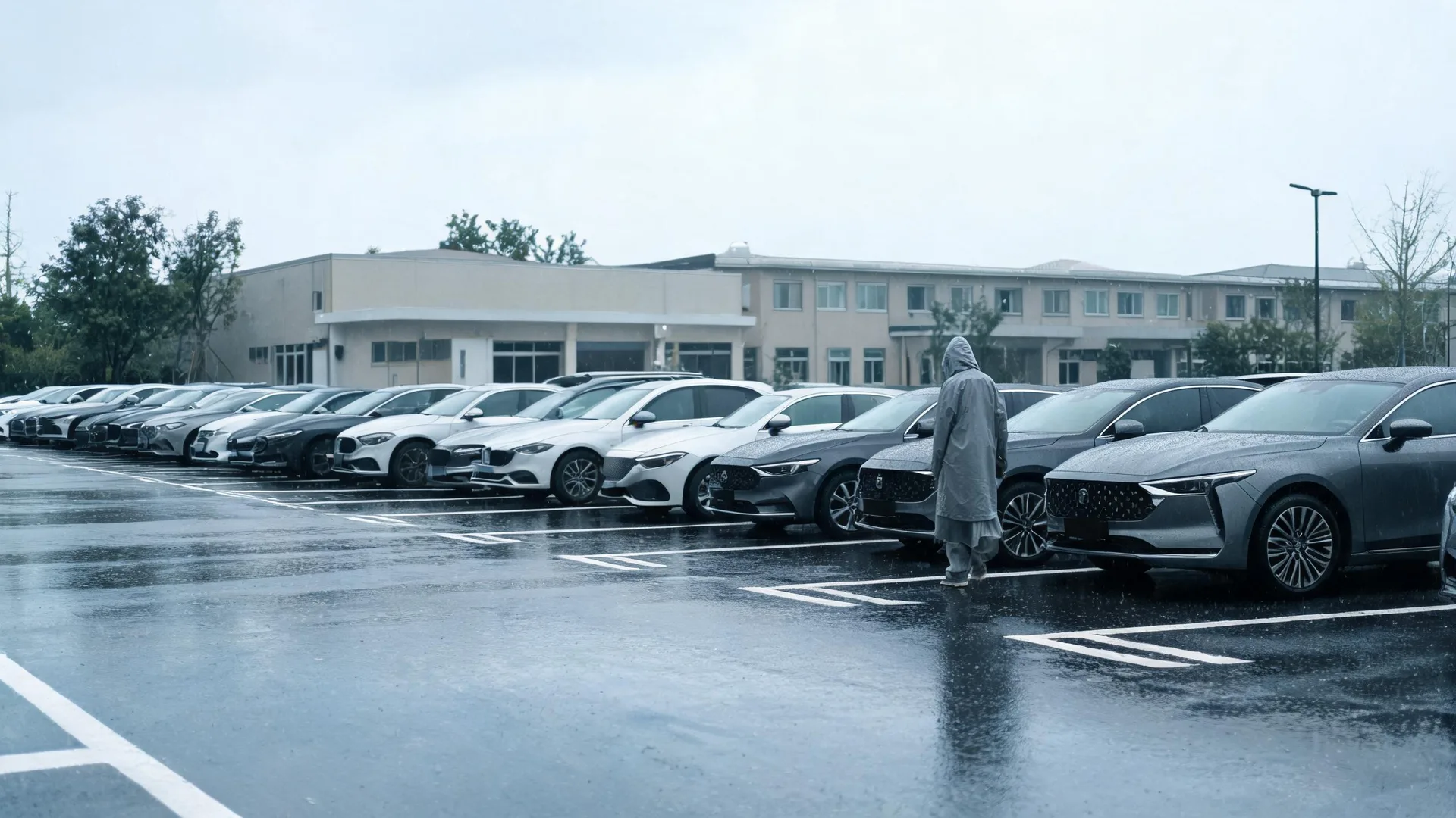 A person in a hooded raincoat walks past a long row of parked cars on a wet parking lot in front of a low light-colored building under an overcast sky.
