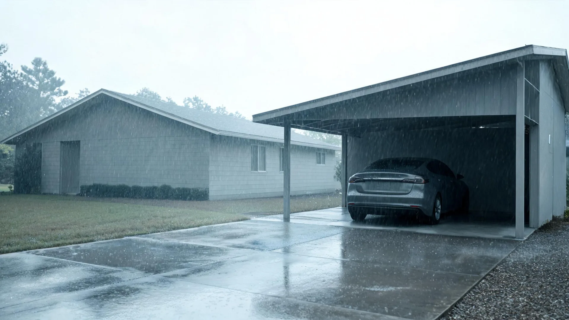 A single-story light-colored brick house with an attached carport sheltering a dark sedan, seen during heavy rain with a wet concrete driveway in the foreground.