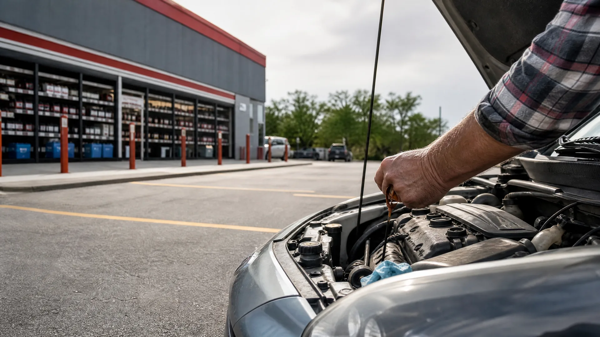 A person's arm in a plaid shirt pulls the dipstick from a car engine under an open hood in a parking lot, with a garage building with bay doors in the background.
