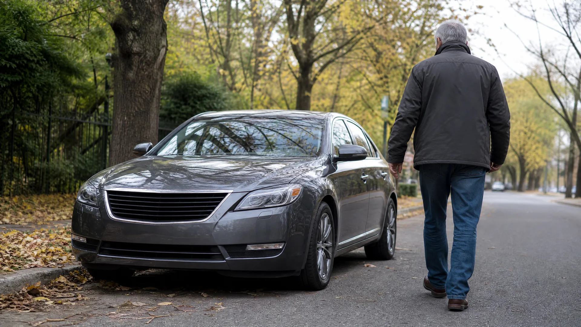 A gray sedan parked at the curb of a tree-lined street with fallen leaves, and a gray-haired man in a dark jacket and jeans walking away from the camera along the pavement.