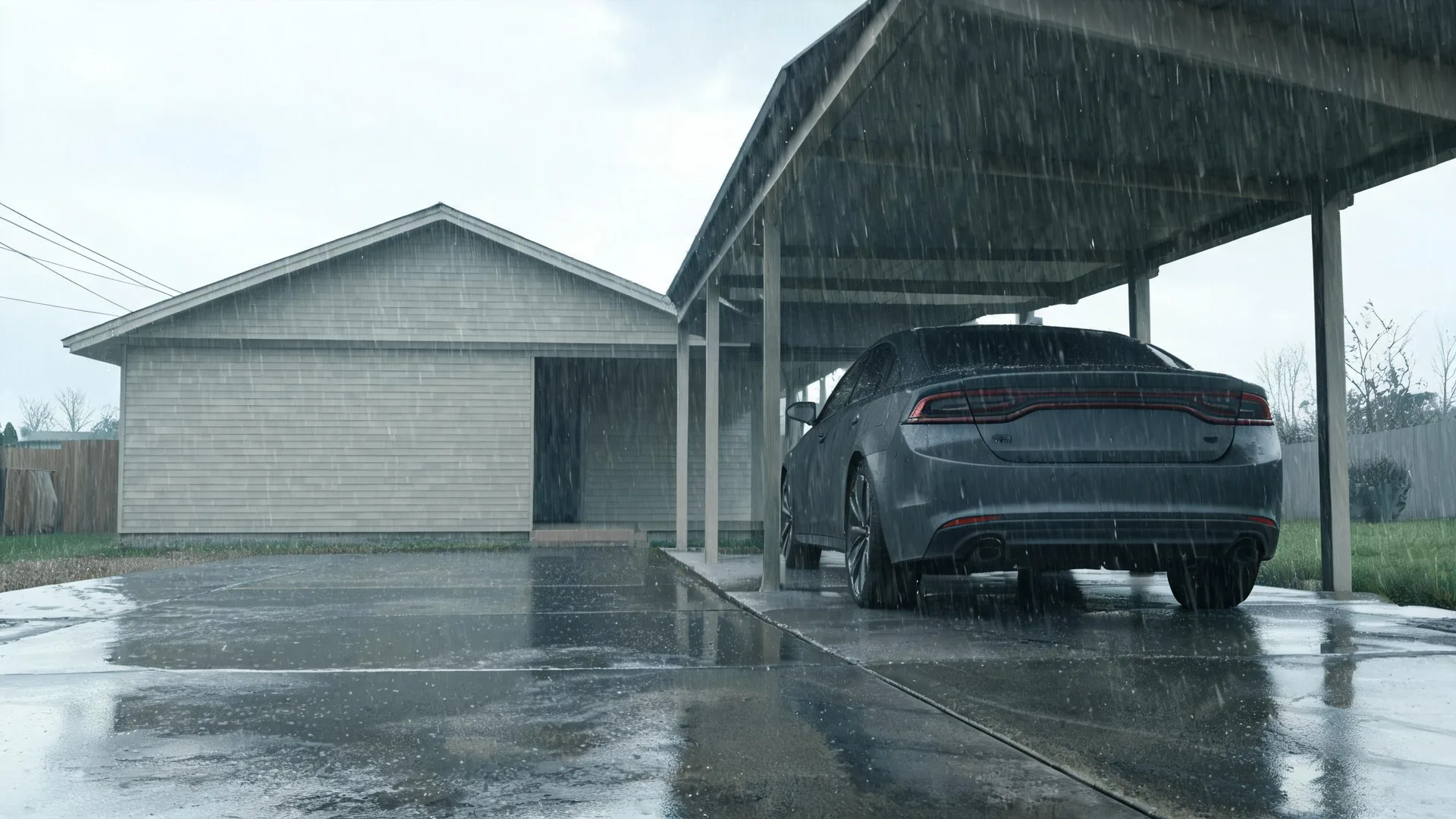 A dark gray sedan parked under a carport beside a single-story house with horizontal siding during heavy rain, with a wet concrete driveway in the foreground.
