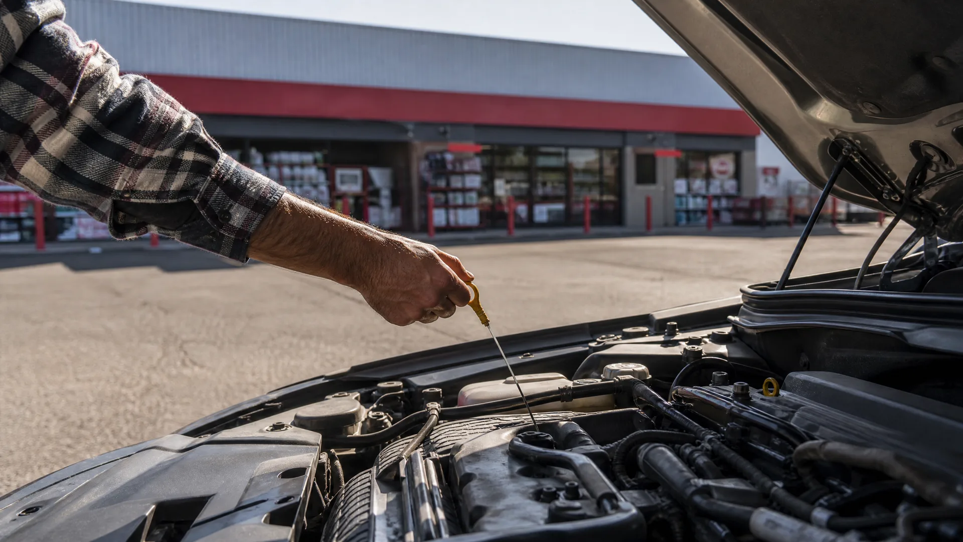 A person in a plaid shirt pulls a dipstick from a car engine under an open hood, with a storefront and parking lot in the background.