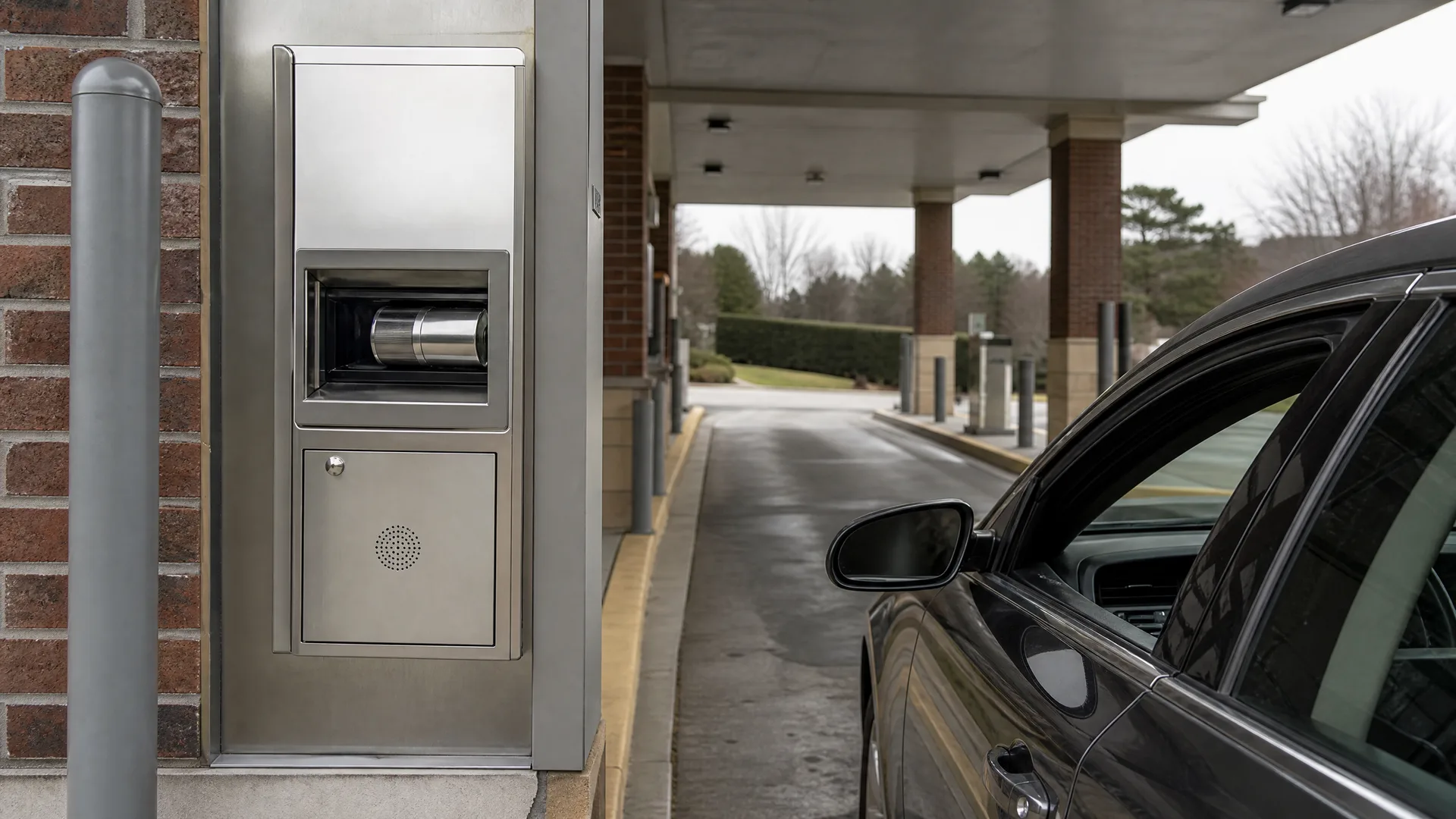 A stainless steel drive-through banking unit with a pneumatic tube carrier and speaker set into a brick wall, with a dark car stopped in the covered lane to the right.