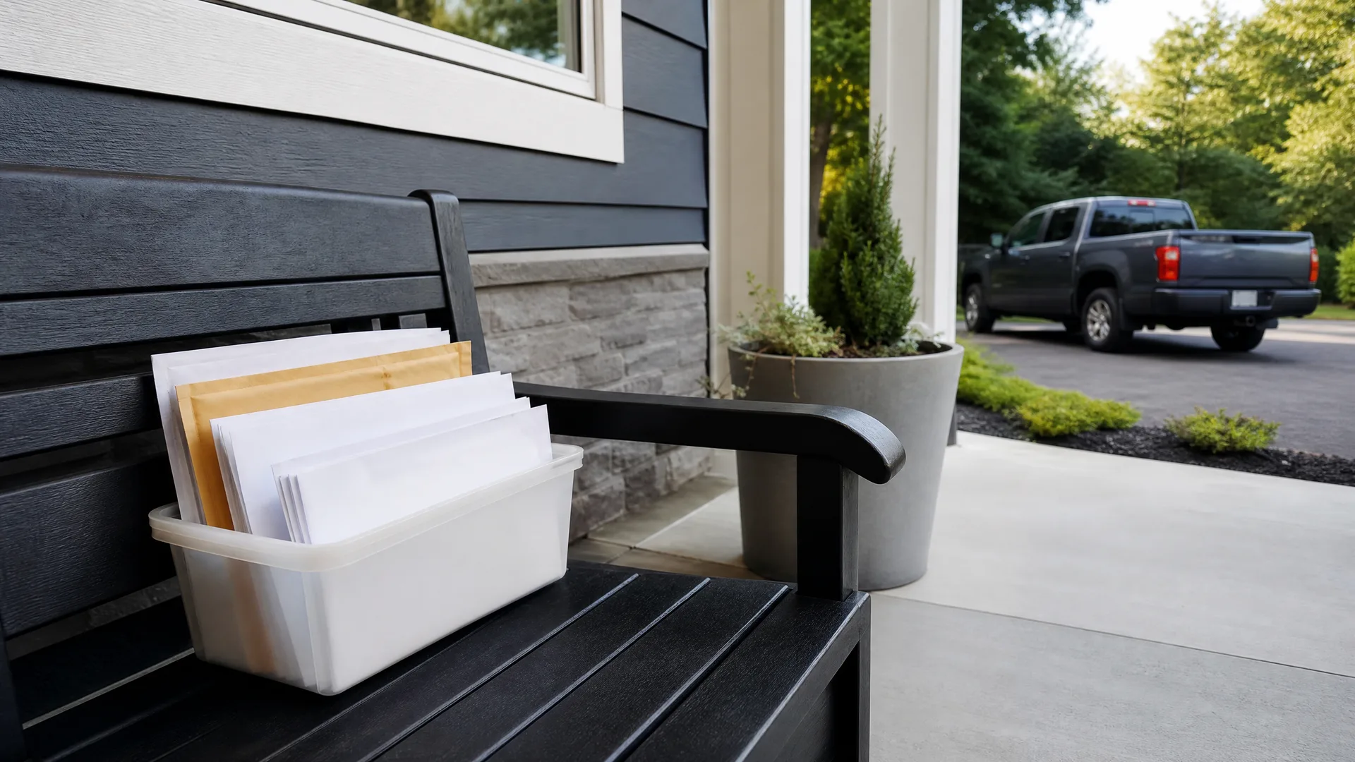 A white plastic bin holding envelopes and padded mailers sits on a black bench on a covered porch with dark horizontal siding and stone veneer, with a potted plant nearby and a gray pickup truck parked in a driveway beyond.