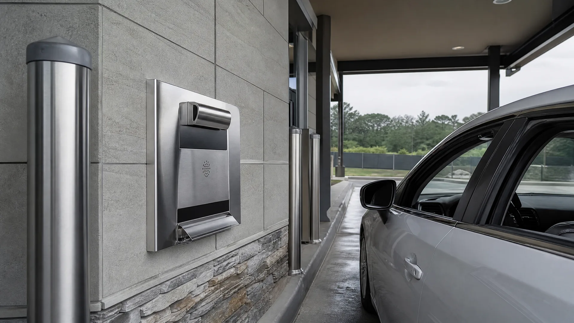 A stainless steel drive-up transaction drawer and speaker unit mounted on a stone-tiled exterior wall, with a silver sedan stopped alongside under a canopy.