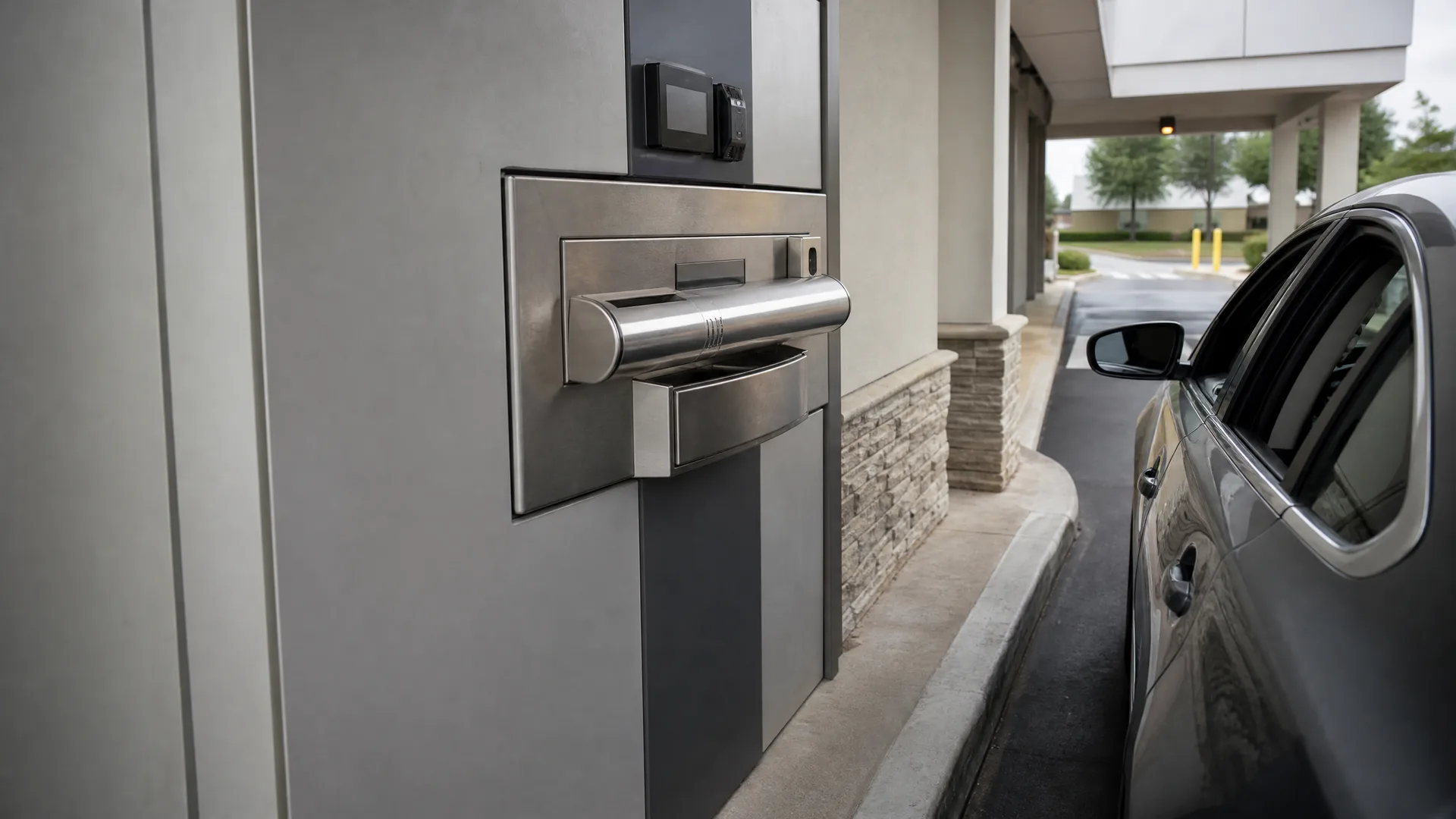 Close-up of a stainless steel drive-through transaction drawer and card reader mounted on a stucco building wall, with a dark sedan stopped in the lane at right.