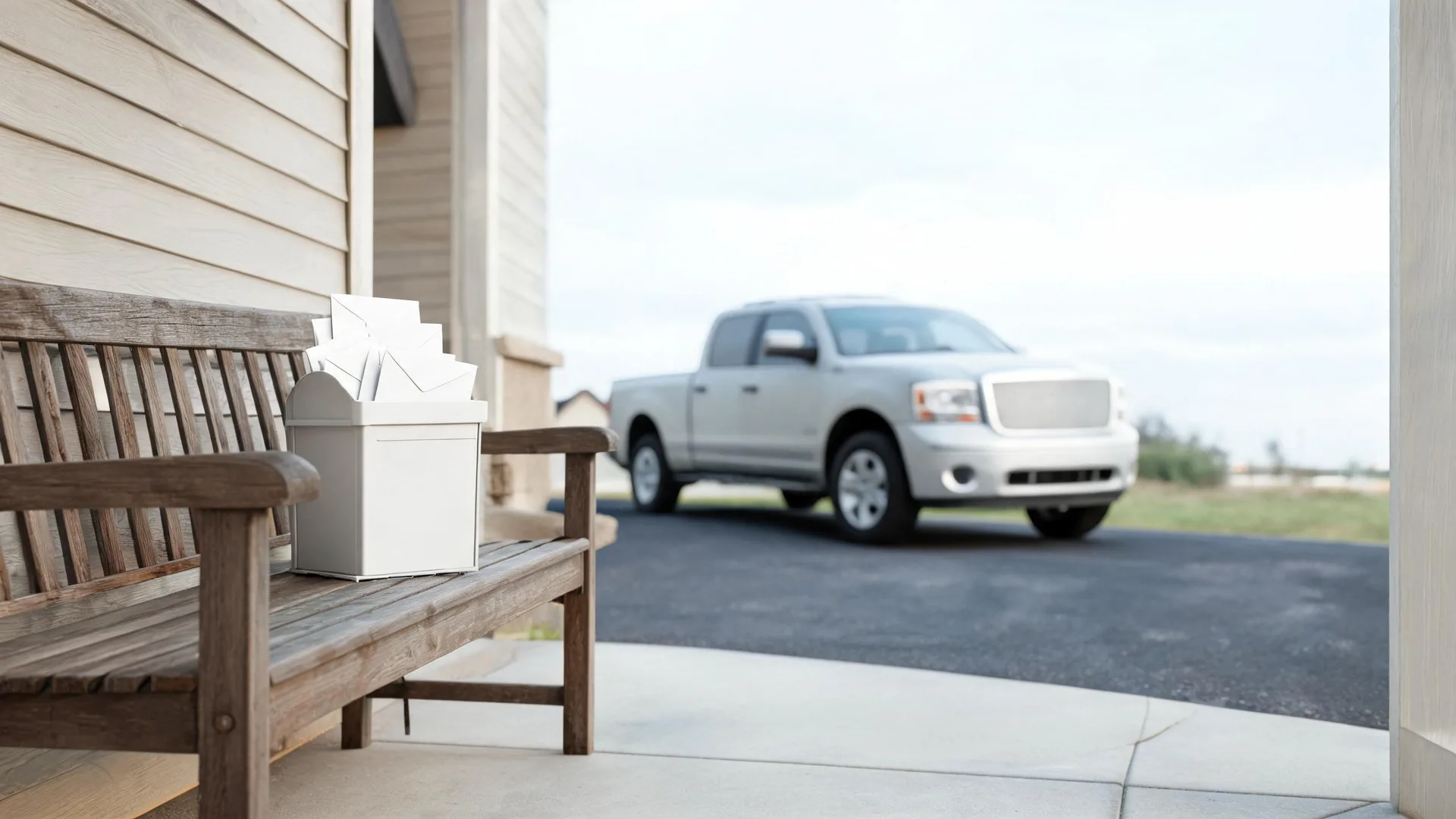 A white card box filled with envelopes sits on a weathered wooden bench on a covered porch, with a blurred silver pickup truck parked on a driveway in the background.