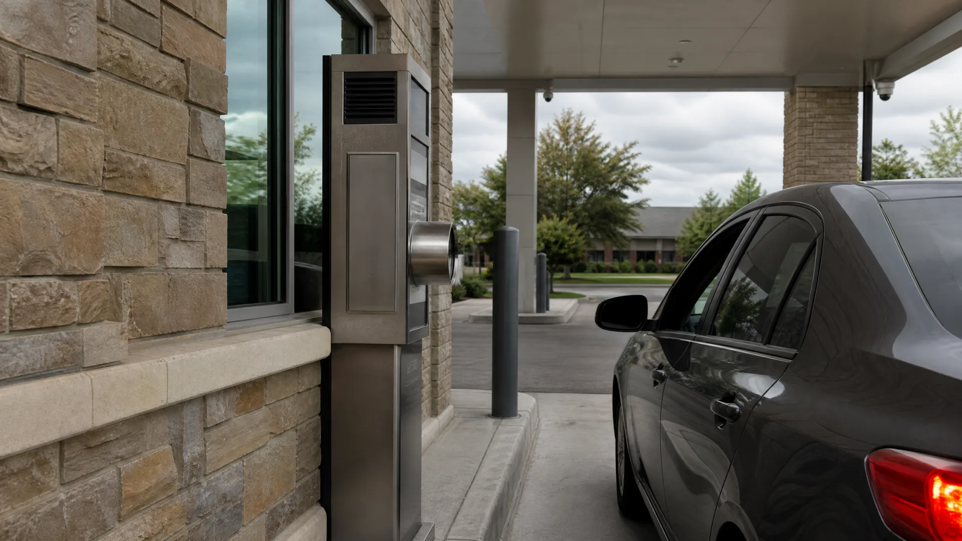 A dark sedan waits at a covered drive-up lane beside a stone-clad building with a stainless steel drive-through teller unit and transaction drawer.